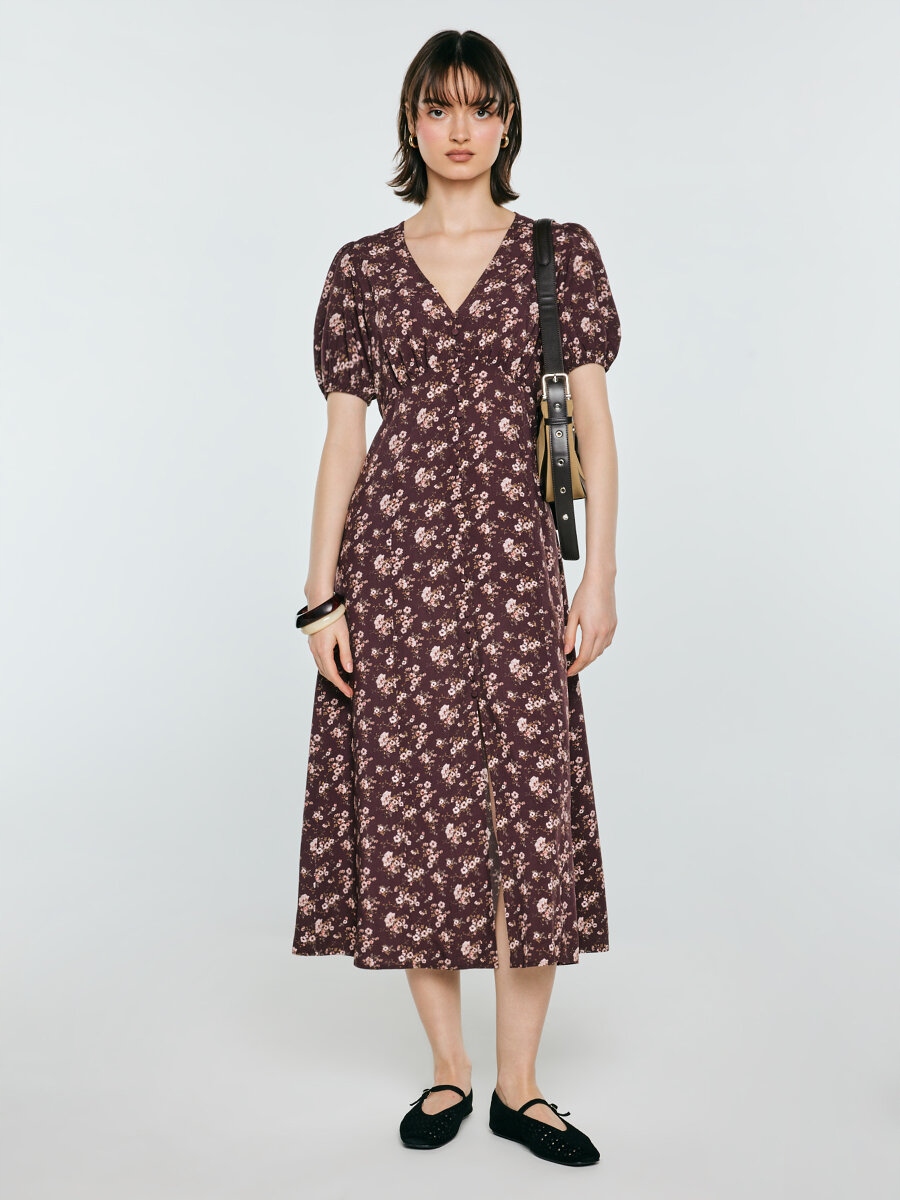 Big Star Šaty z viskózy s květinovým vzorem, hnědé Pala 804 S