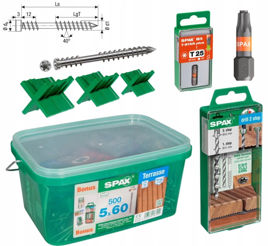 Terasový set Spax 5 x 60 mm 500 ks Bonus bit vrták krížový
