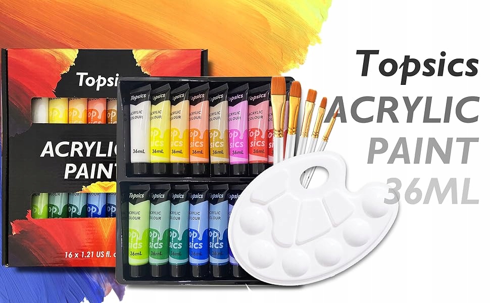 Sada akrylových barev Topsics, 16 tub Akrylových barev 36 ML s Paletkou