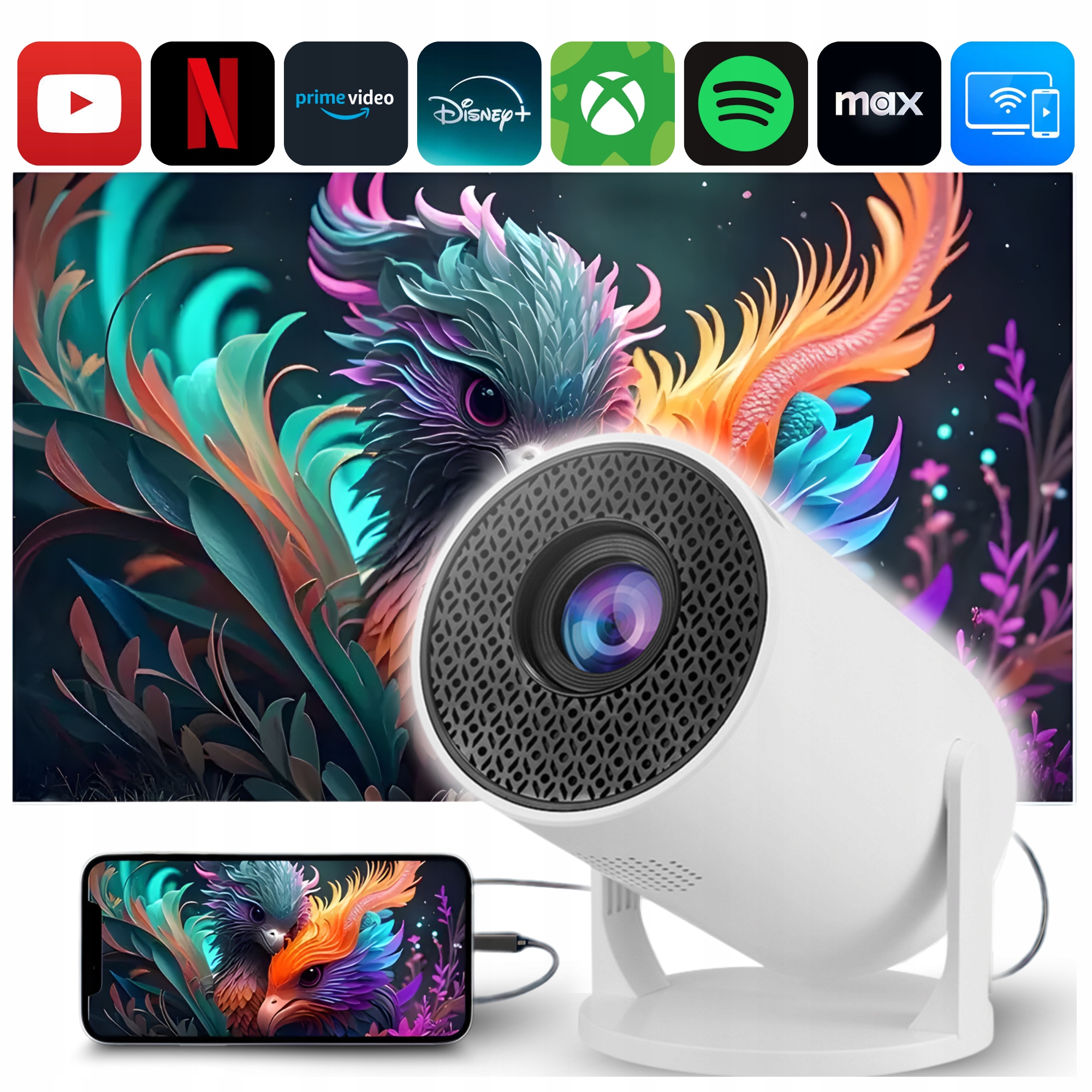 Mini projektor z Androidem Full HD obrotowy rzutnik głośniki WIFI bluetooth