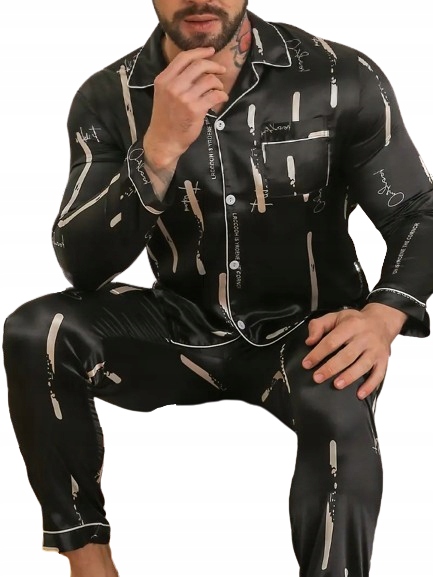 Černé Saténové Pánské Pyžamo Rozepínací Hladké Saténové Pyžamo XL