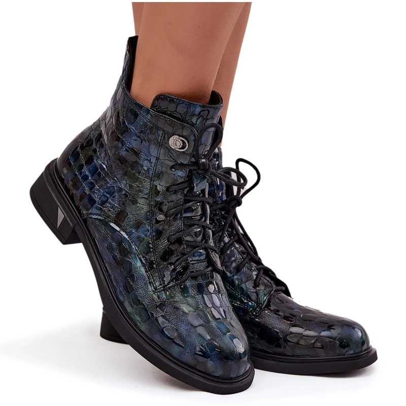 Dámské Kotníkové Boty Lakované Z Přírodní Kůže D&a LZ52-962 Tmavě Modré 37