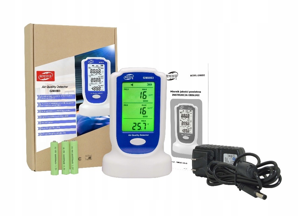 MIERNIK JAKOŚCI POWIETRZA CZUJNIK DETEKTOR SMOGU PYŁOMIERZ PM 2.5 10 LCD CE Typ alarmu brak informacji