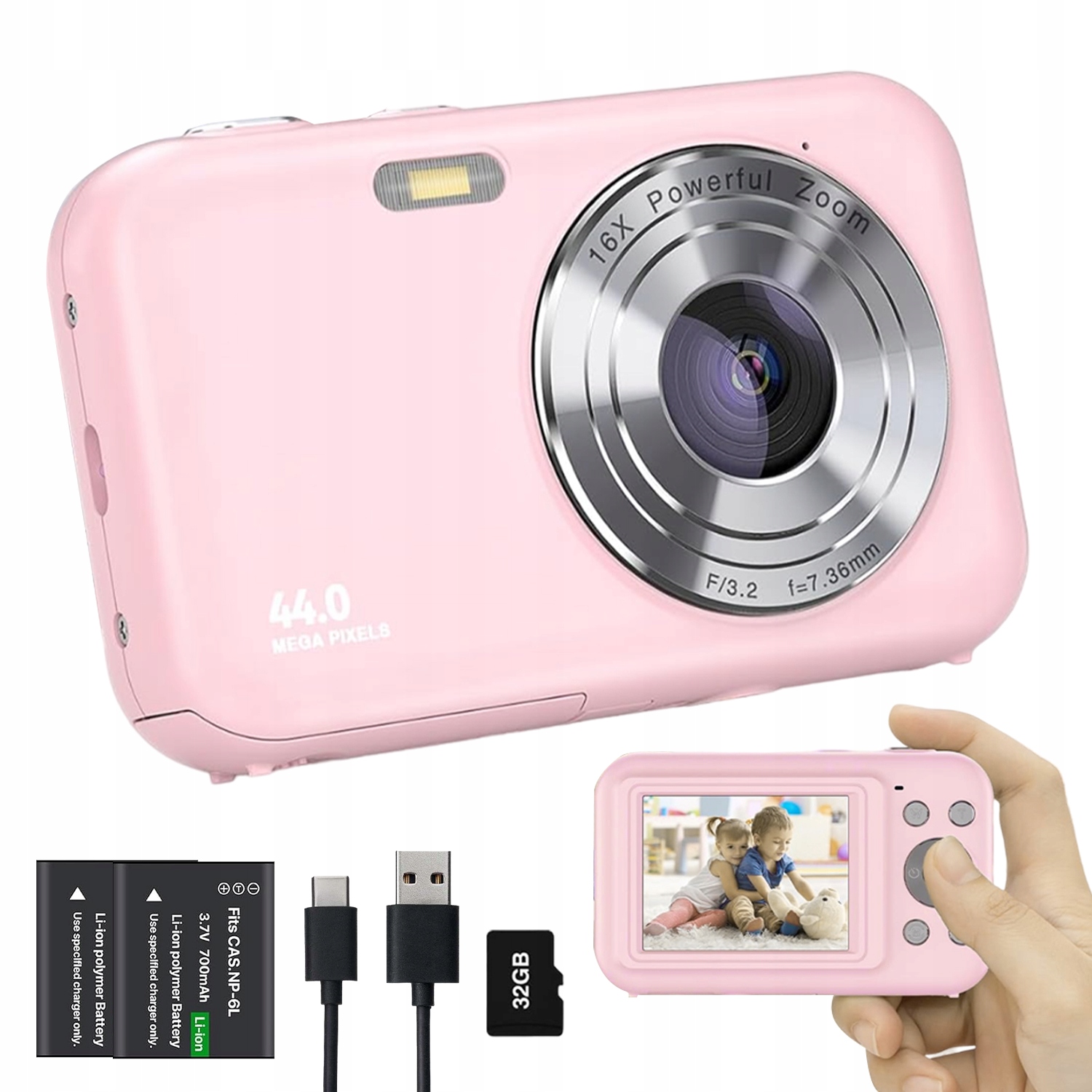 Fotoaparát Digitální Fotoaparát 16X Pro Děti Hračka Hry 44MP 32GB