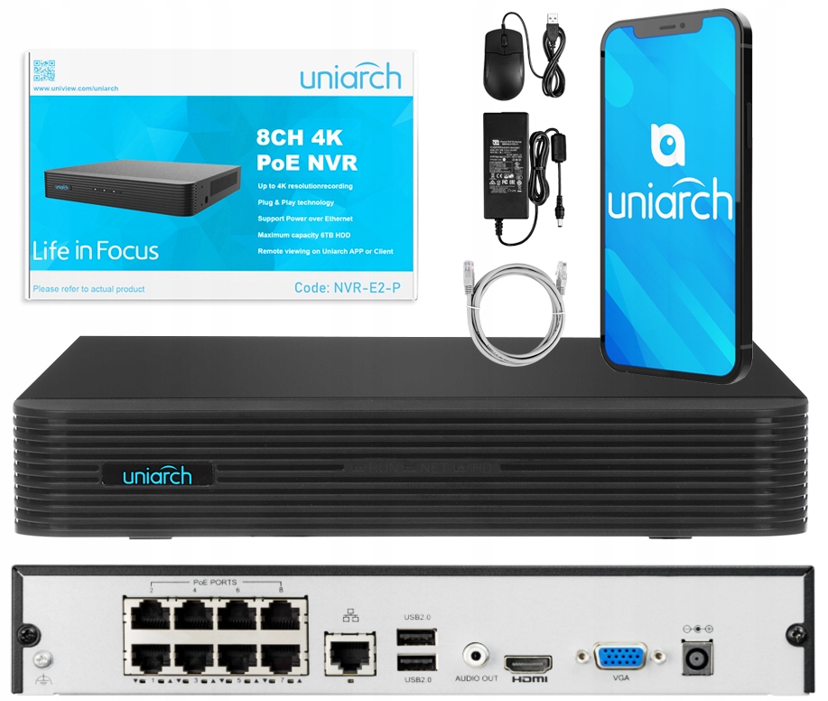 ZESTAW MONITORINGU 7x Kamera IP 5MPx PoE UNIARCH Model 5MP KIT-IPC-T125 8xPoE