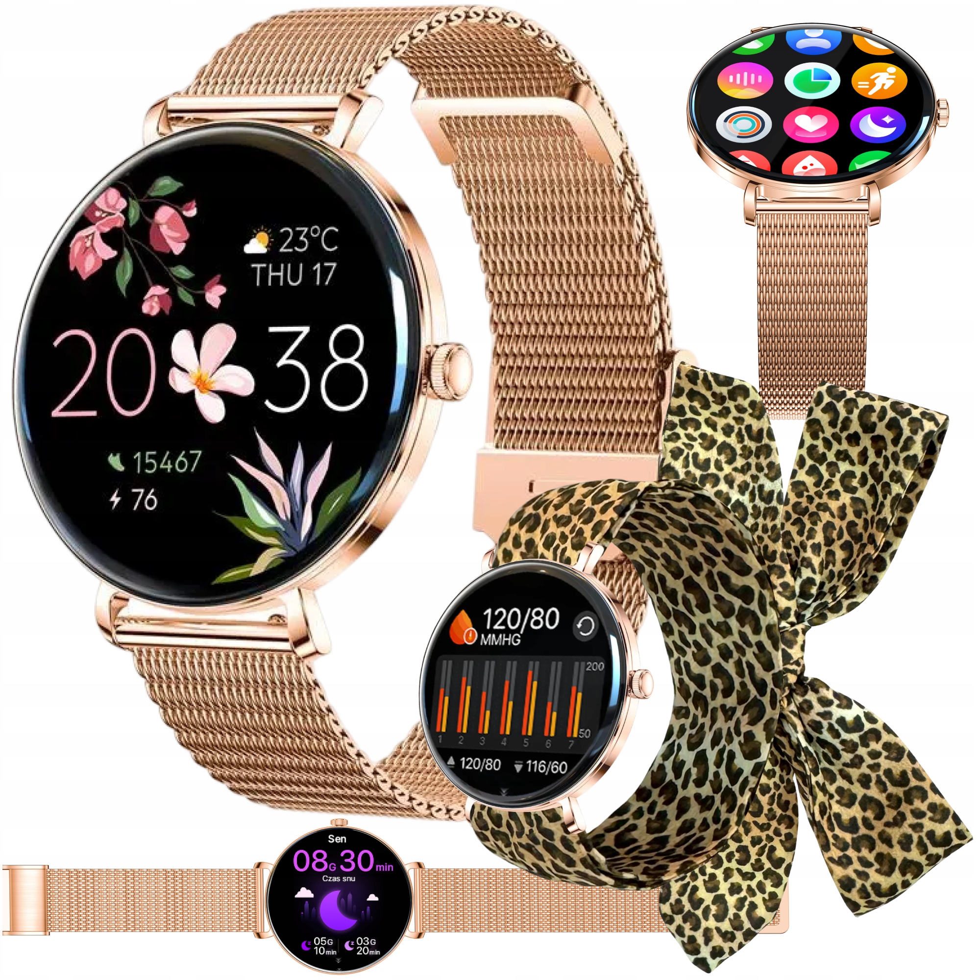 Smartwatch damski zegarek wodoodporny złoty okrągły z funkcją rozmowy sport