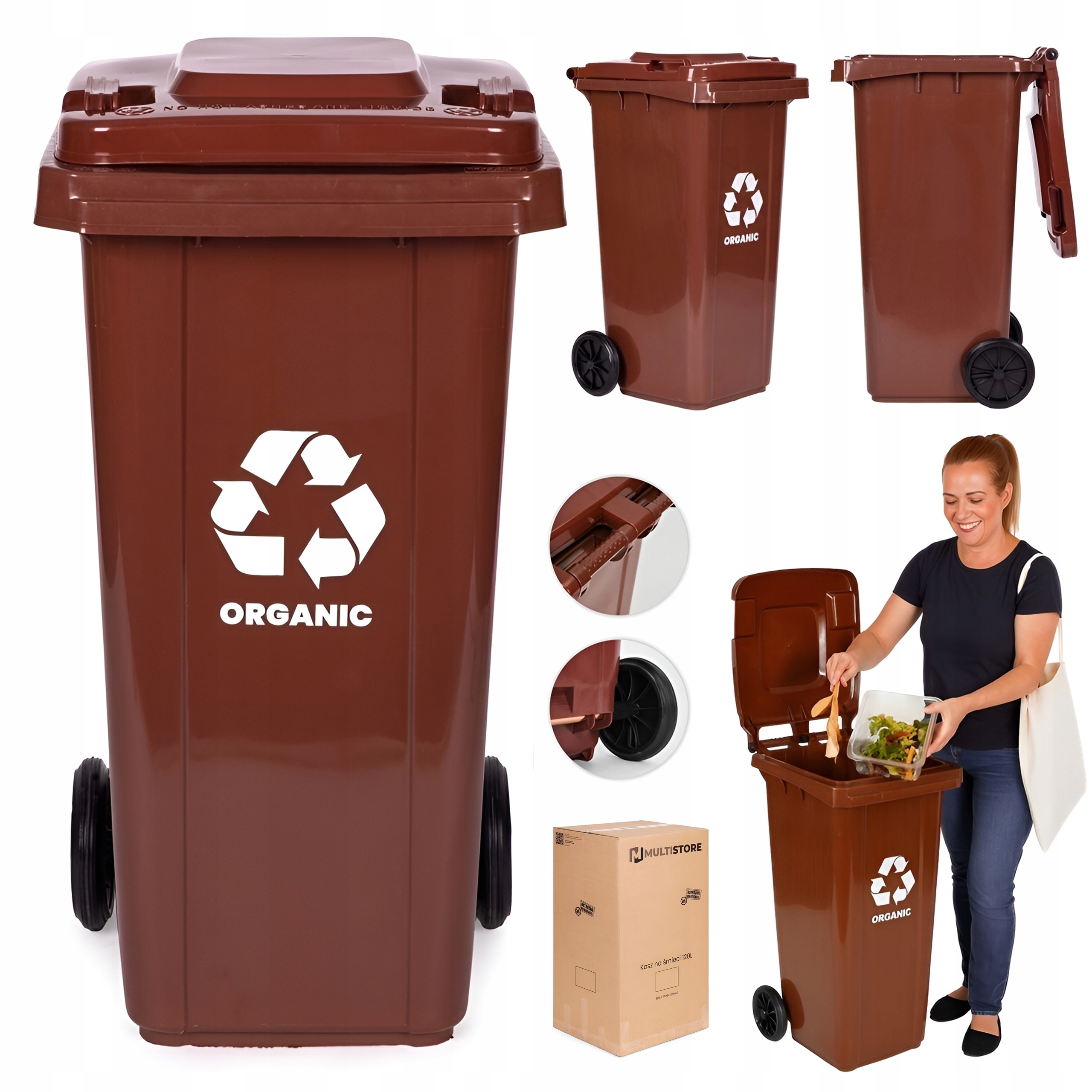 Kosz Na Śmieci Pojemnik Odpady 120L Kubeł Śmietnik Brązowy Bio Gumowe Koła