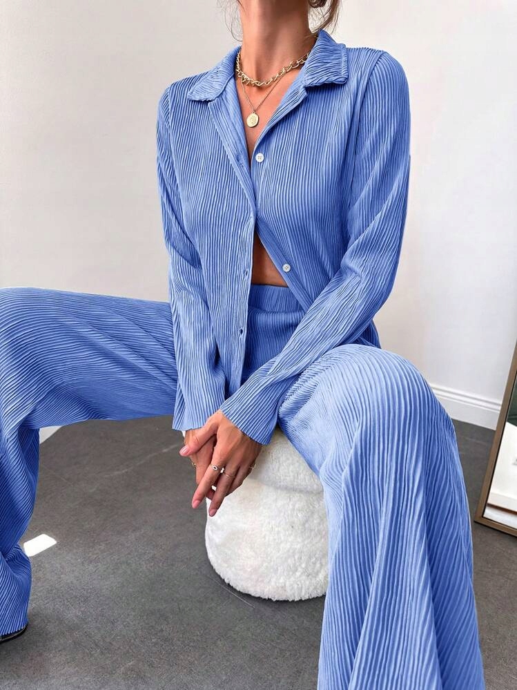 Žebrovaný Komplet Dusty Blue Košile Kalhoty Casual Shein XL 42