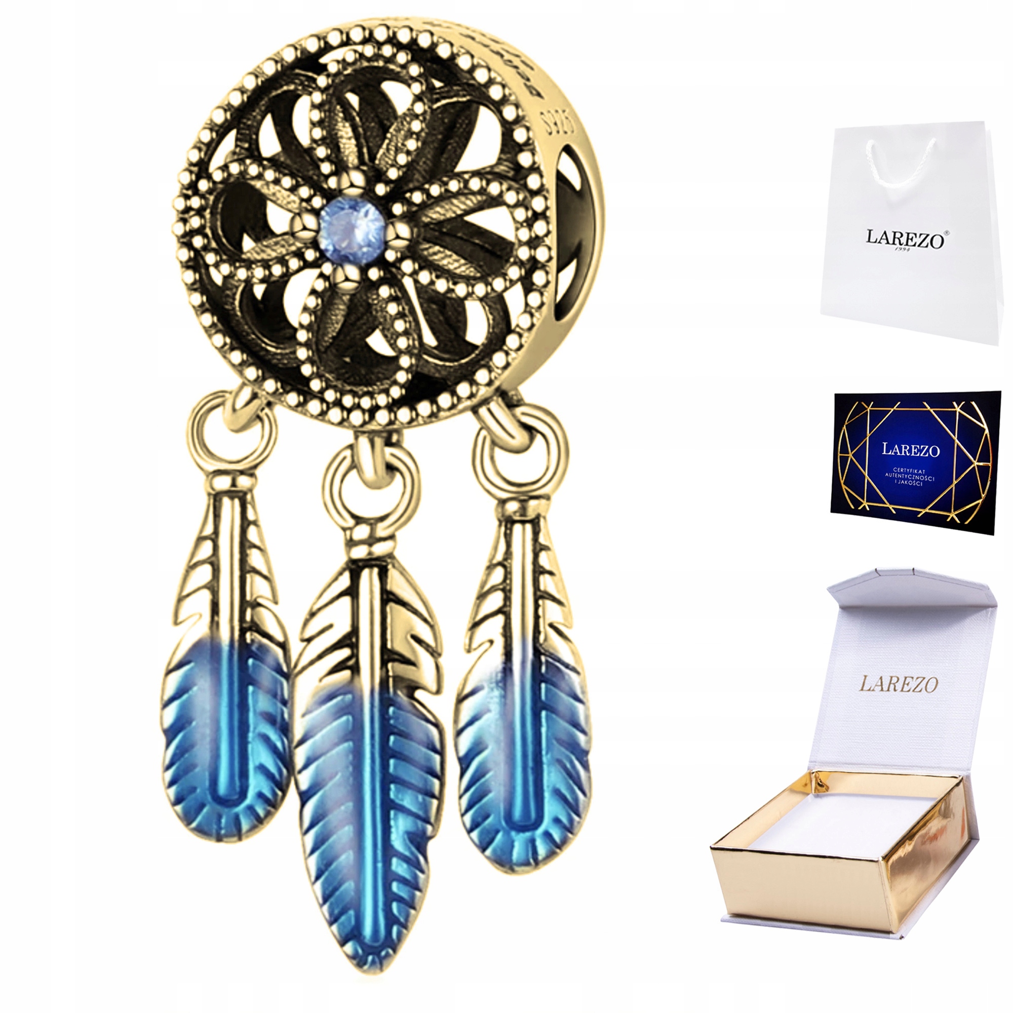 Charms Zlatý Lapač Snů Modrý Kulatý s peřím Stříbro 925