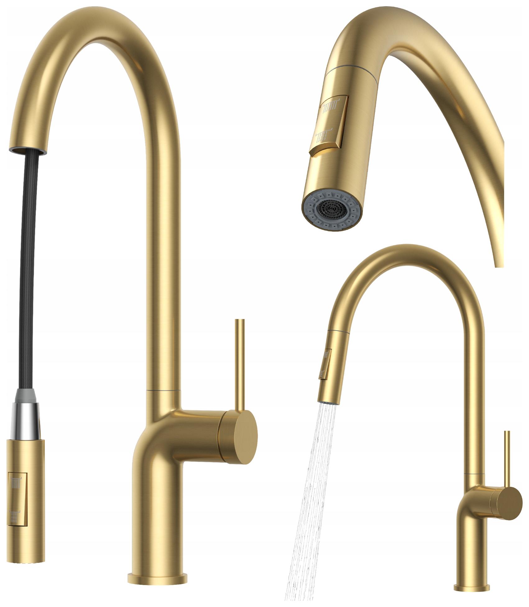 Kuchynská batéria Brush Gold s výsuvným výtokom, stojanový kohútik do umývadla Oxi