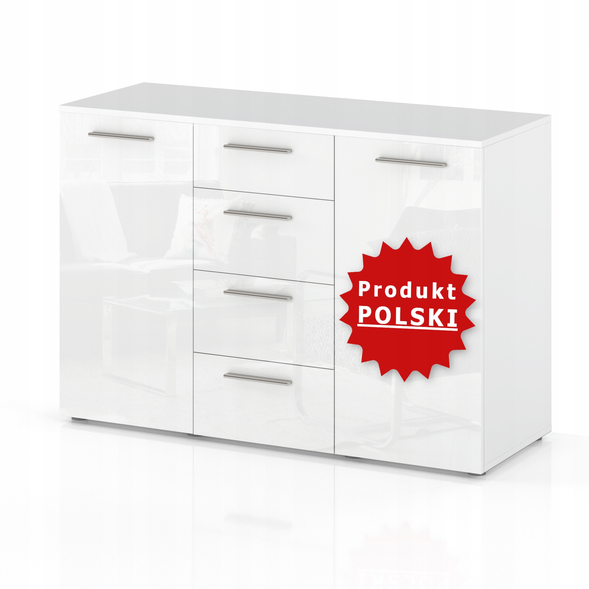 

Komoda 4 Szuflady 150 CM 2 Drzwi Połysk Biały