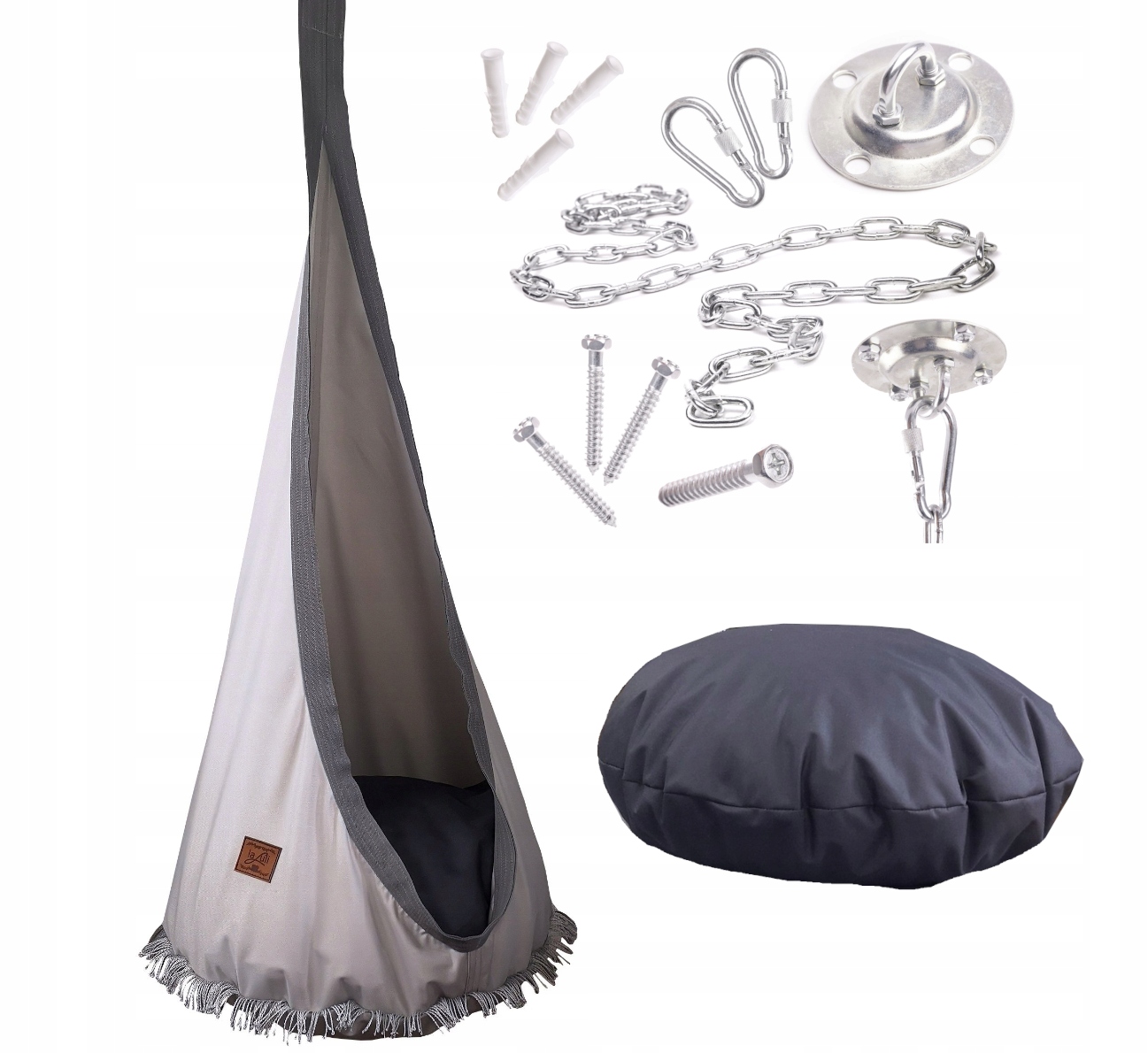 FOTEL WISZĄCY SZARY KOKON BOCIANIE GNIAZDO HUŚTAWKA PODUSZKA ZESTAW XXL