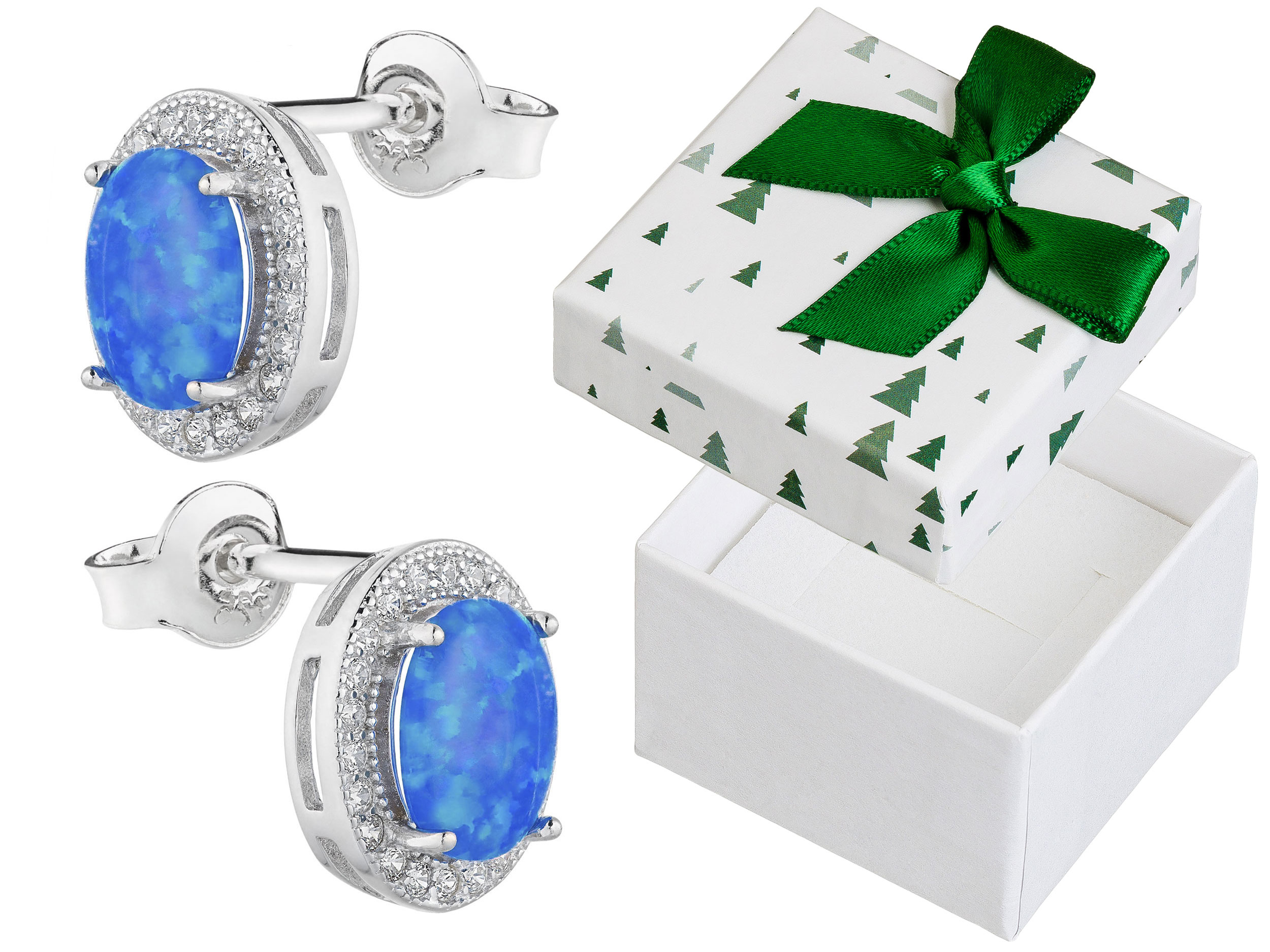 Stříbrné Náušnice Šroubky s karmínovými zirkony Modrý opál Stříbro 925