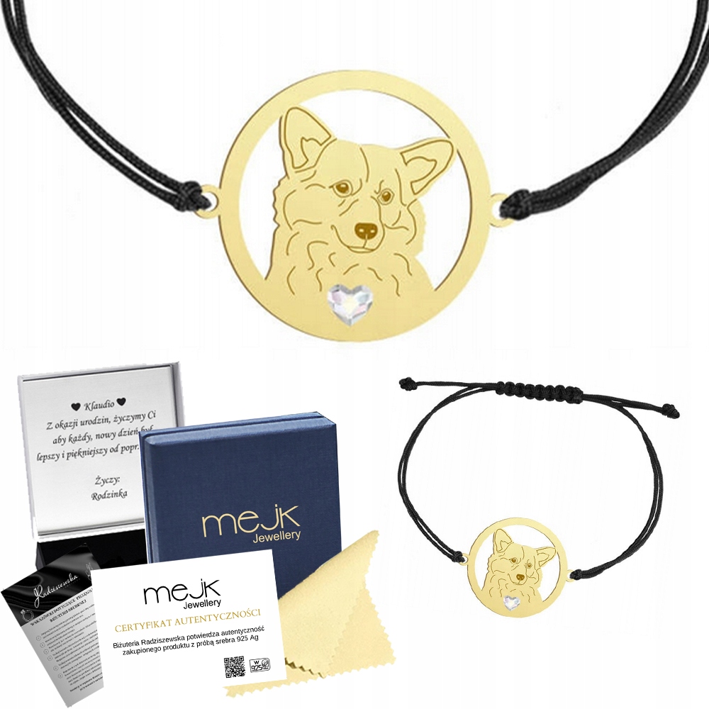 Zlatý náramek se psem Welsh Corgi Pembroke 925 Šperky Gravírování Bonus