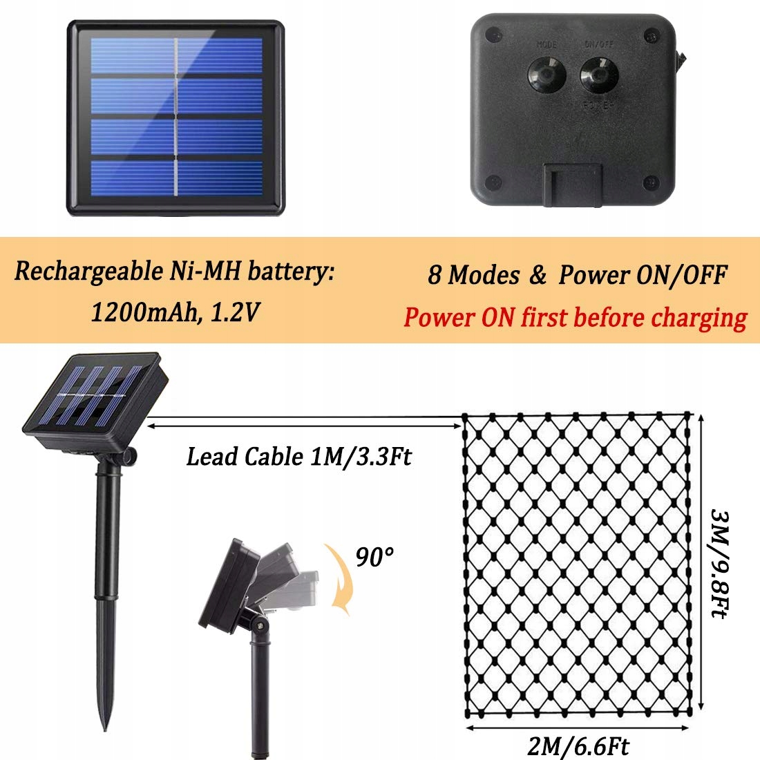 TIYUPA SIATKA ŚWIETLNA GIRLANDA SOLARNA LAMPKI 3Mx2M 8 Trybów 200LED — miniatura 6