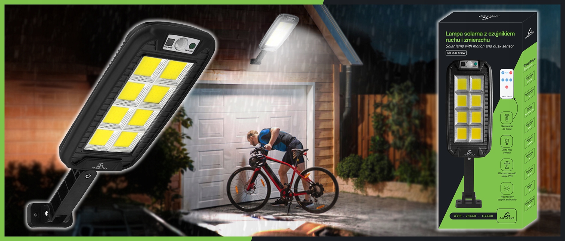 LAMPA SOLARNA ZEWNĘTRZNA OGRODOWA Z CZUJNIKIEM RUCHU LED 1200lm + UCHWYT Szerokość 127 mm