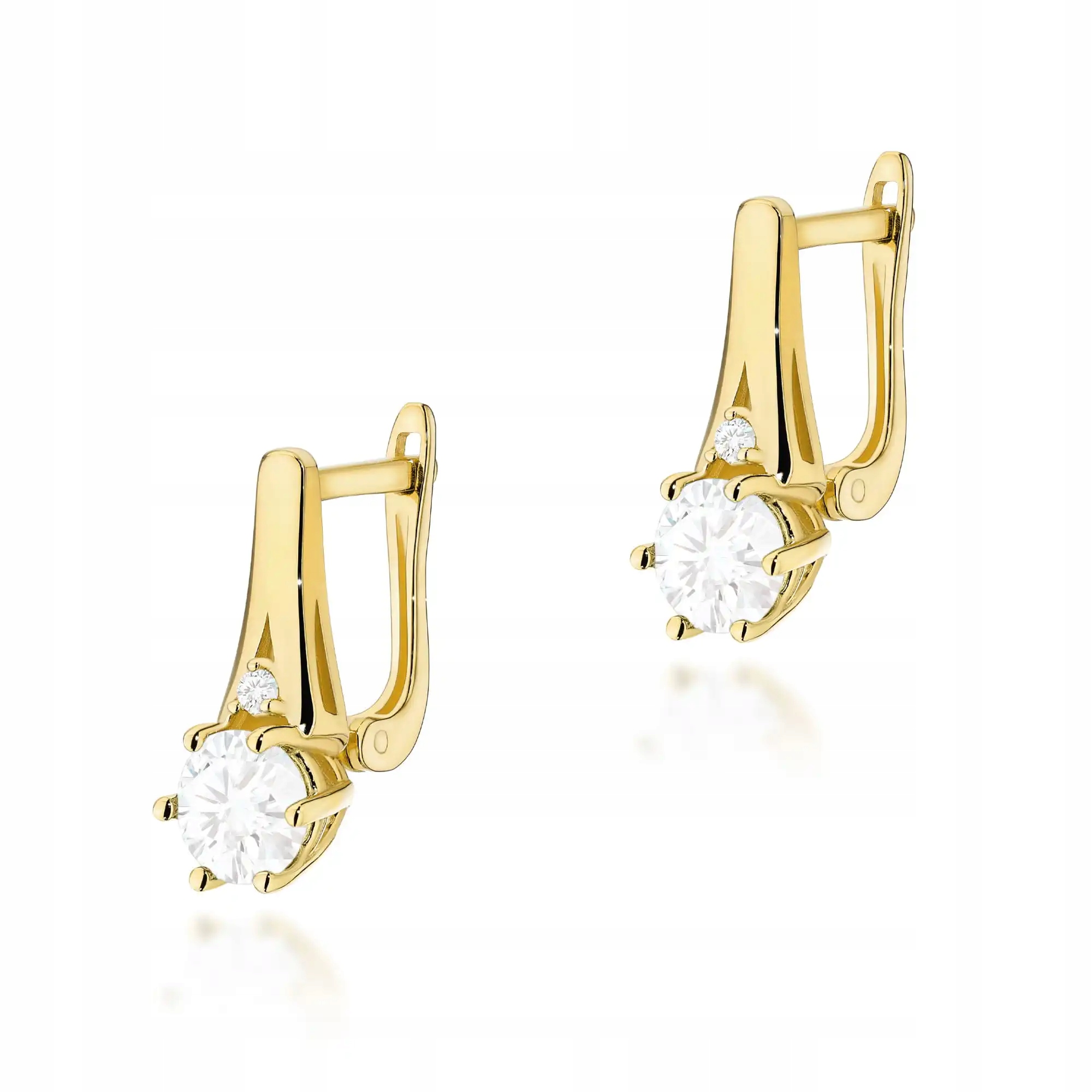 Dámské zlaté náušnice 585, bílý safír, módní design, lesklé, jako dárek