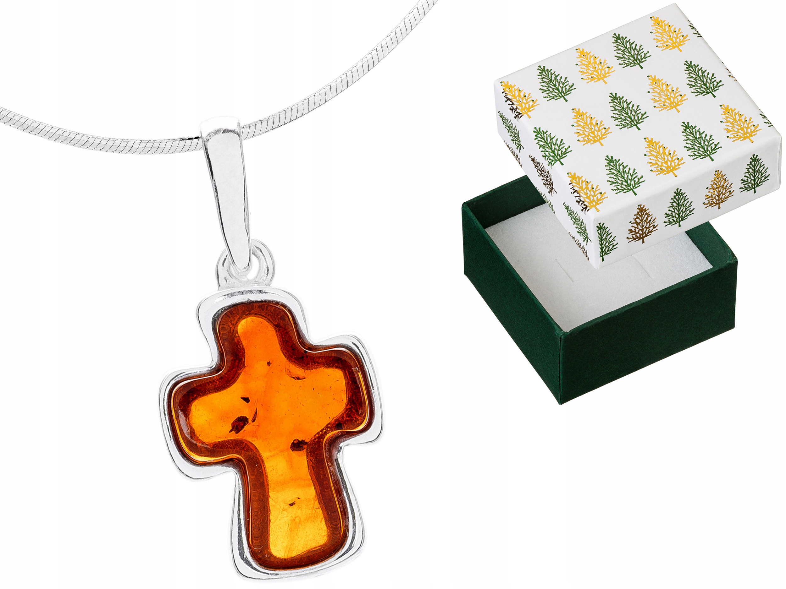 Stříbrný náhrdelník Křížek Přívěsek Jantarem Přívěsek Kříž Řetízek 30