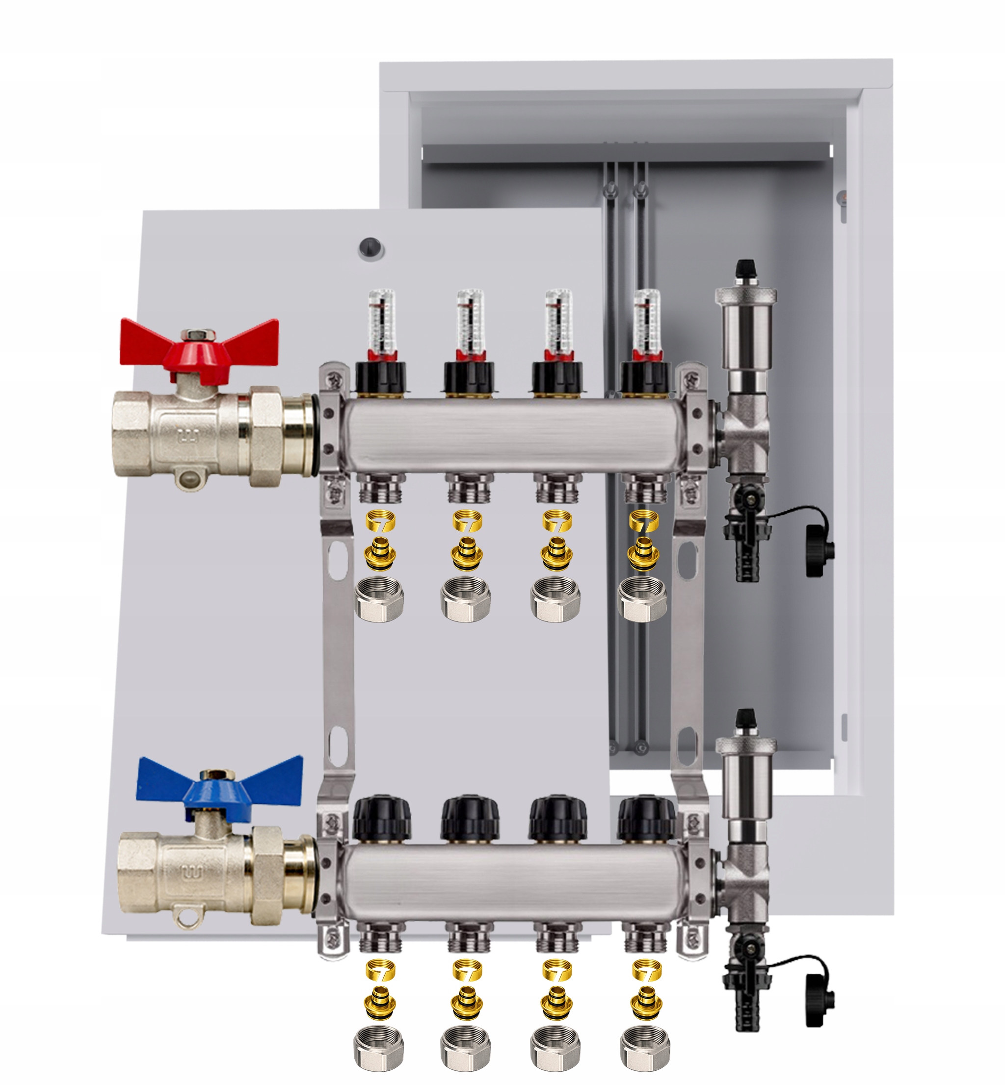 Nerezový rozdělovač pro podlahu 4 okruhy nástěnná skříňka Pex