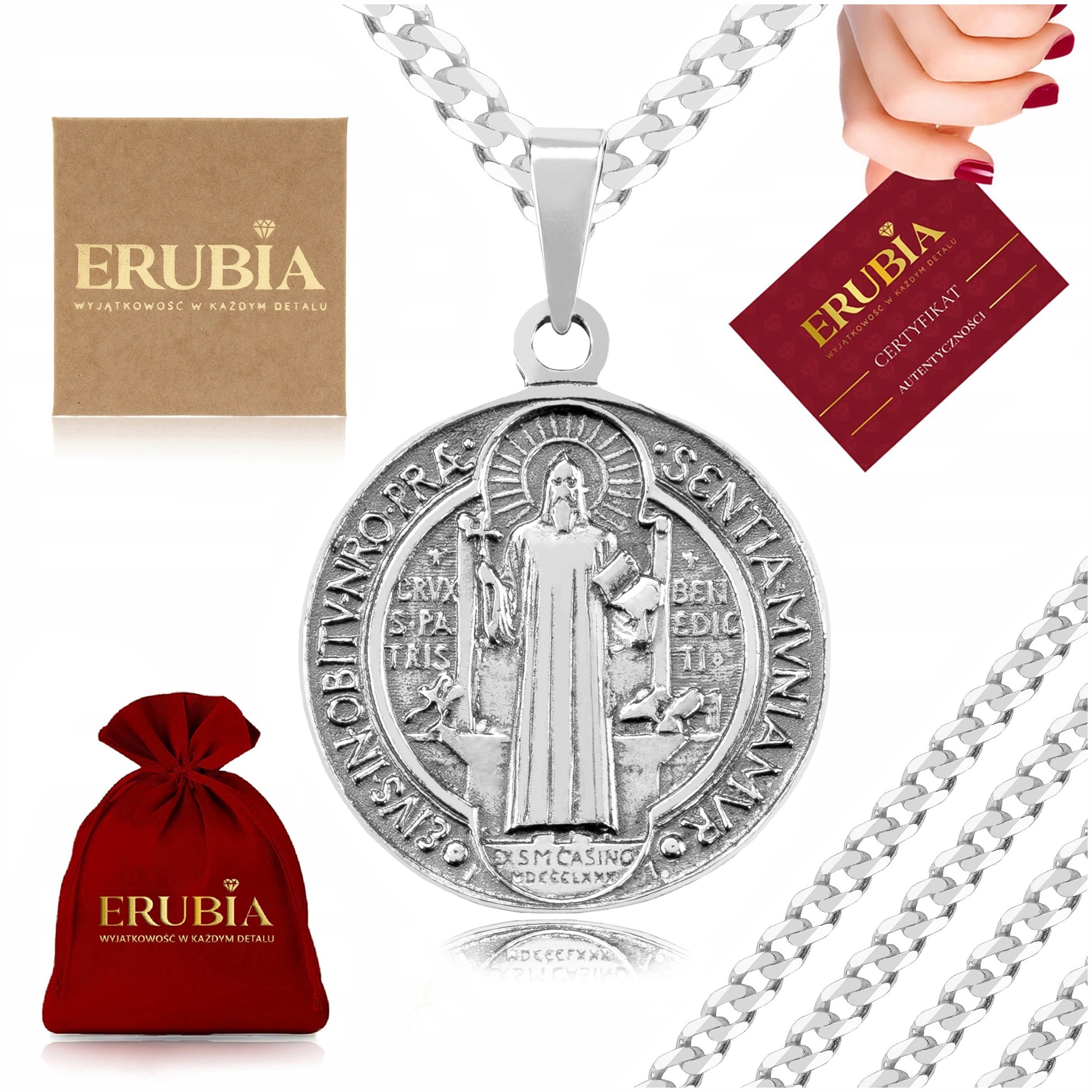 Stříbrný Řetízek Pánský 925 Oboustranný Svatý Medailon Benedikt 50 CM 4,5 MM