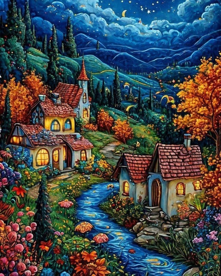 Diamond Painting Vesnice Noc Měsíc Květiny Barevné Zahrada Pohádka 80x100 cm