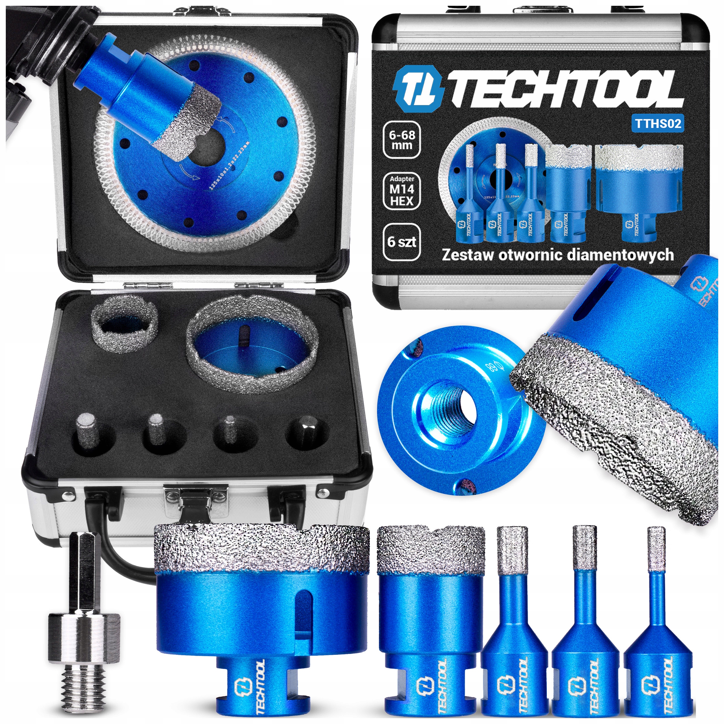 Otwornica Do Betonu Gresu Puszek Diamentowa Koronki 6-68MM M14 5SZT Walizka