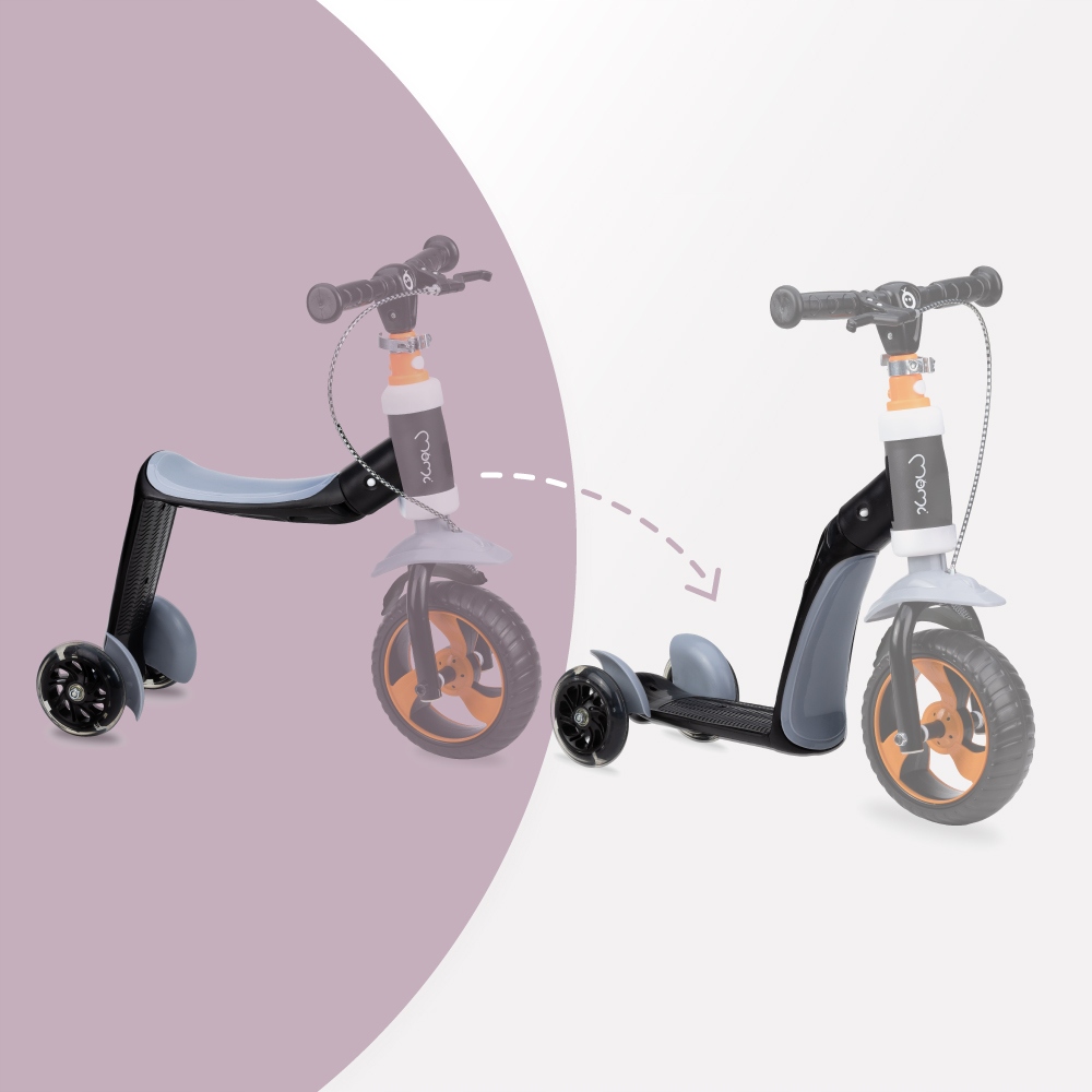 OUTLET MoMi ELIOS 2w1 JEŹDZIK HULAJNOGA TRÓJKOŁOWA LED - czarny Kolor Czarny Pomarańczowy