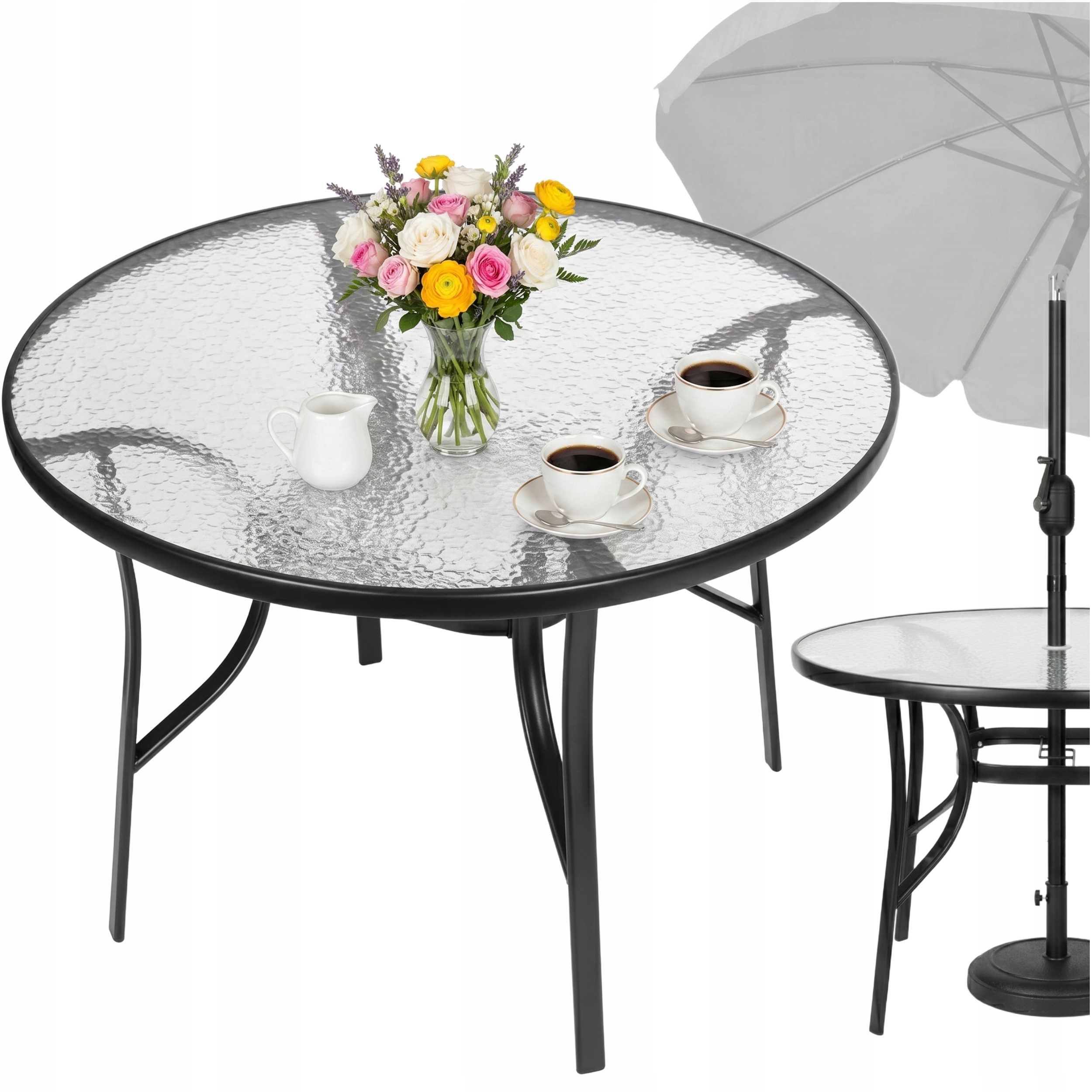 Stolik Ogrodowy Okrągły 105 cm Metalowy Szkło Hartowane Otwór Na Parasol