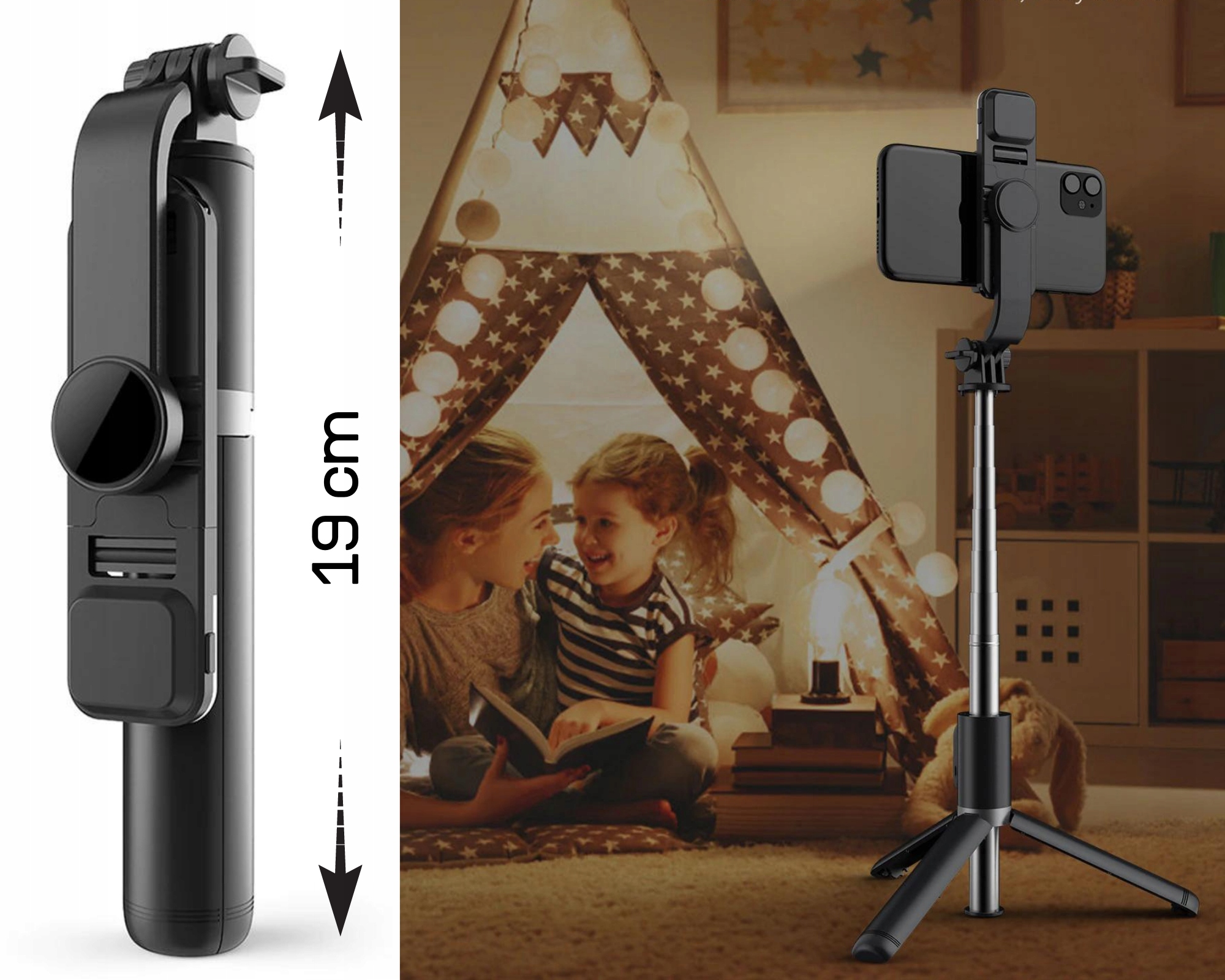 Kij do Selfie Stick Statyw Tripod Pilot Bluetooth Uchywt 104cm z Lampą Led Załączone wyposażenie Bezprzewodowy pilot, kabel USB