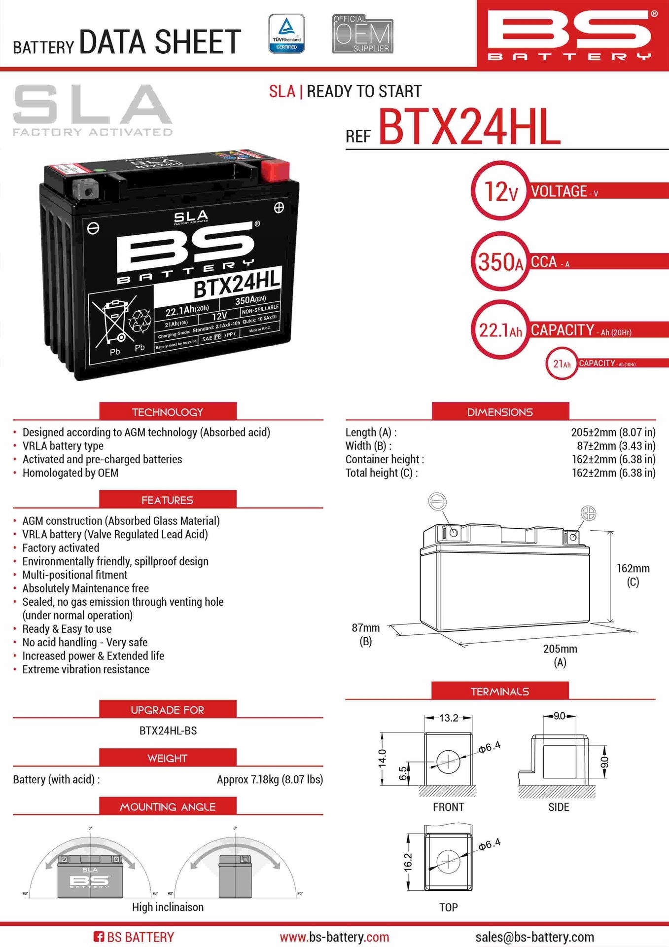 Bs Batéria BTX24HL (fa) (YTX24HL-BS) 12V 21AH 205X87X162 Bezúdržbový