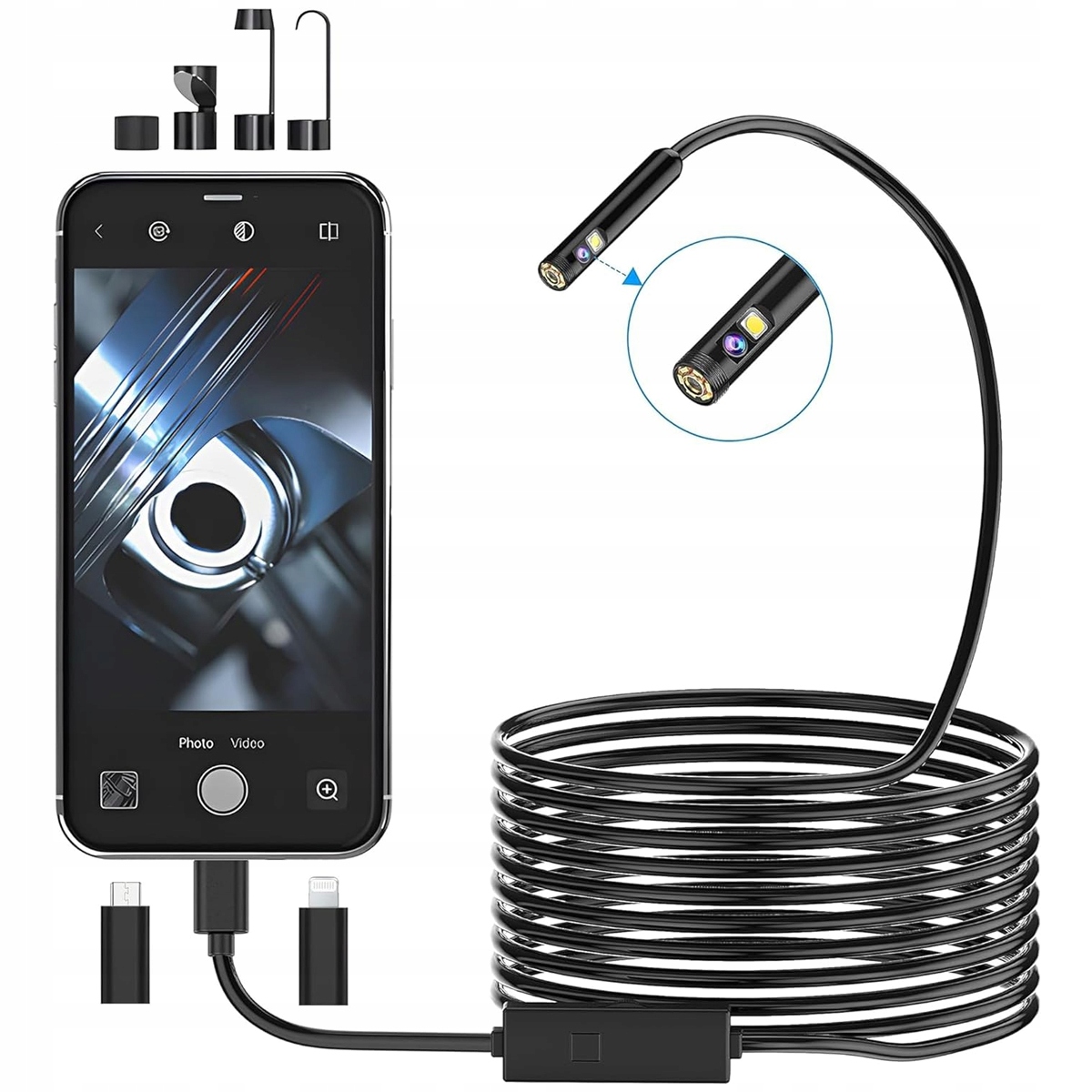 KAMERA INSPEKCYJNA do telefonu IPHONE ANDROID 3w1 ENDOSKOPOWA 5M 2xFULL HD EAN (GTIN) 4069161483974