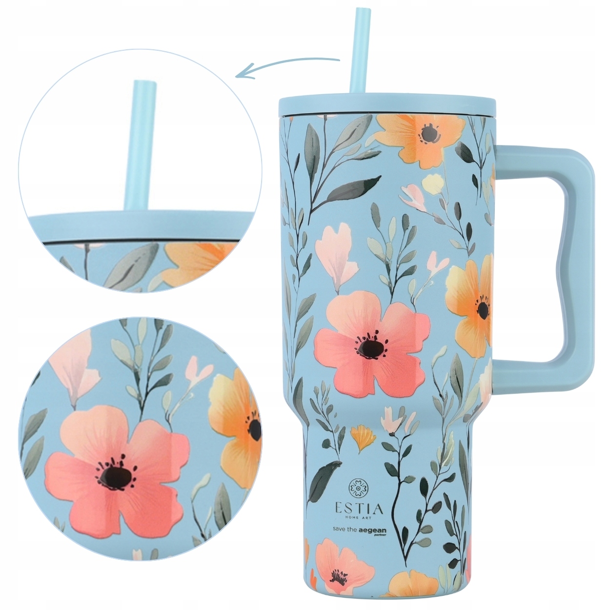 Velký Termohrnek S Brčkem 900 ML modrý s květinami udržuje teplo