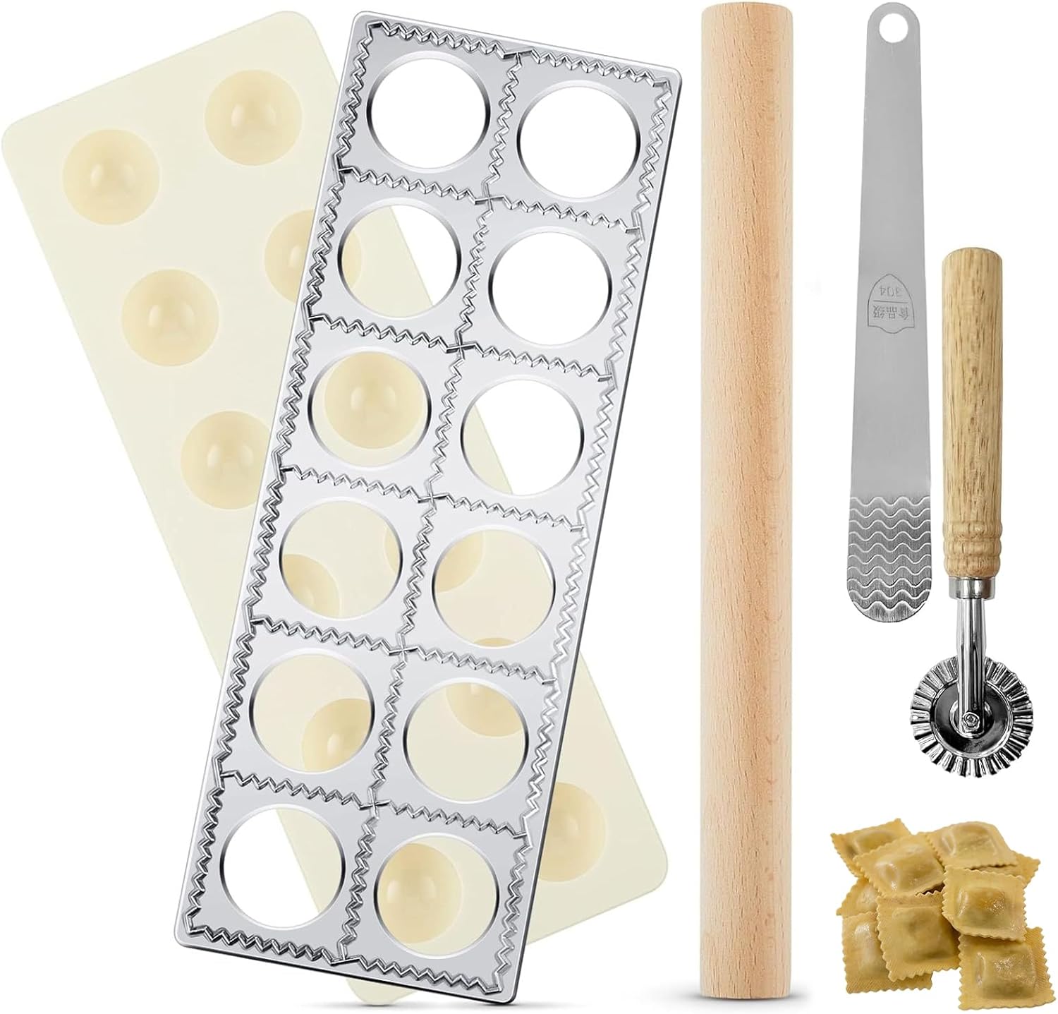 Sada 5 Formiček Na Ravioli 12 Prohlubní Rolka Váleček Dřevěné Těstoviny