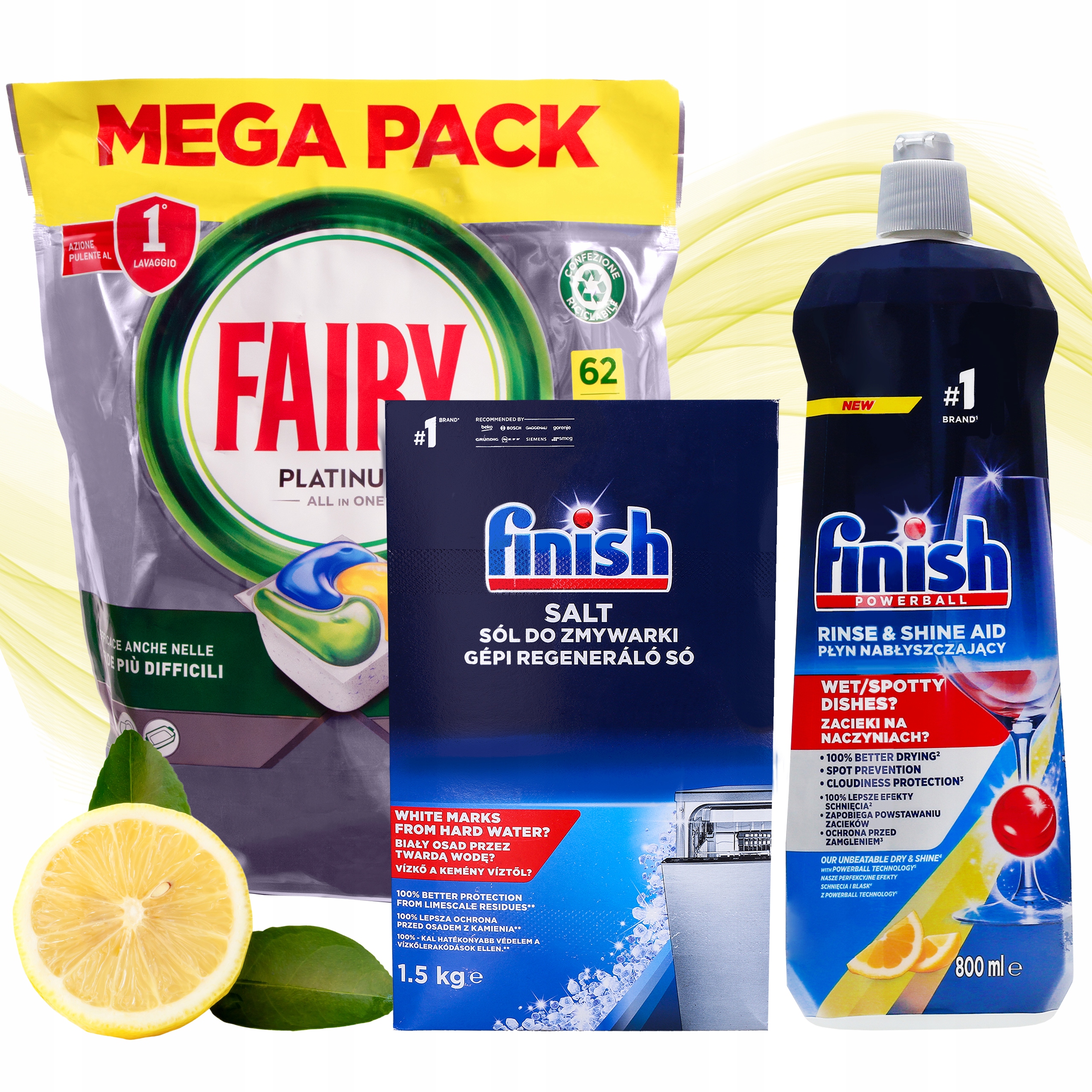 Levně Kapsle do myčky nádobí Fairy 62ks Lemon Leštidlo a sůl Finish Sada