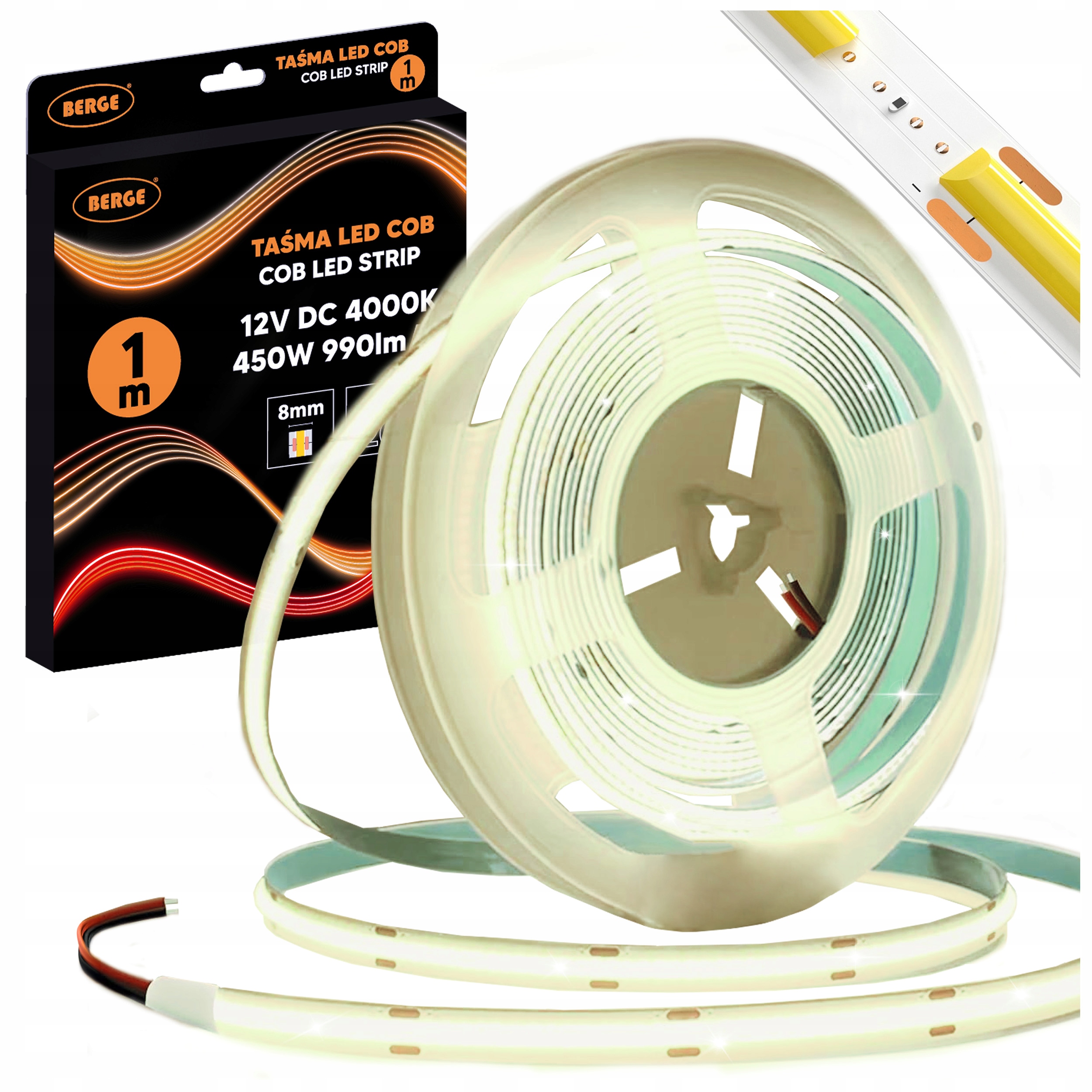 Led pásik Cob Neon 12V 1 m 480 diód 9W 990lm 4000K Biely Neutrálny 8 mm Jasný
