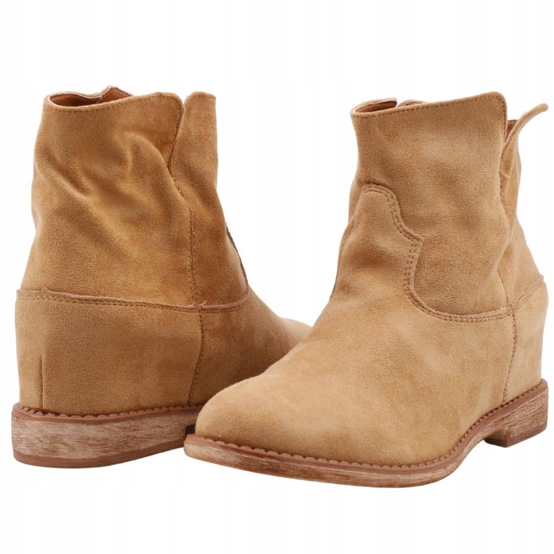 BOTKI DAMSKIE OCIEPLANE NA UKRYTUM KOTURNIE BUTY ZIMOWE ZAMSZOWE CAMELOWE Oryginalne opakowanie producenta pudełko