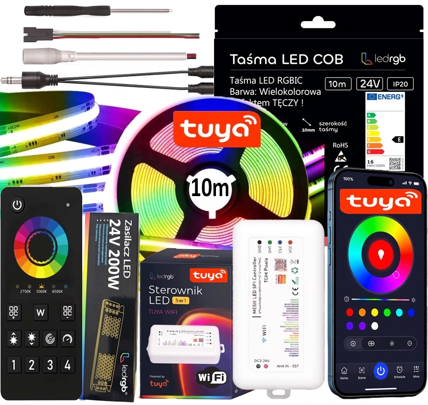 Led Páska 10 m Cob Rgbic Wifi Tuya Aplikace Dálkový Ovladač Sada Hudba Napájecí Zdroj 24