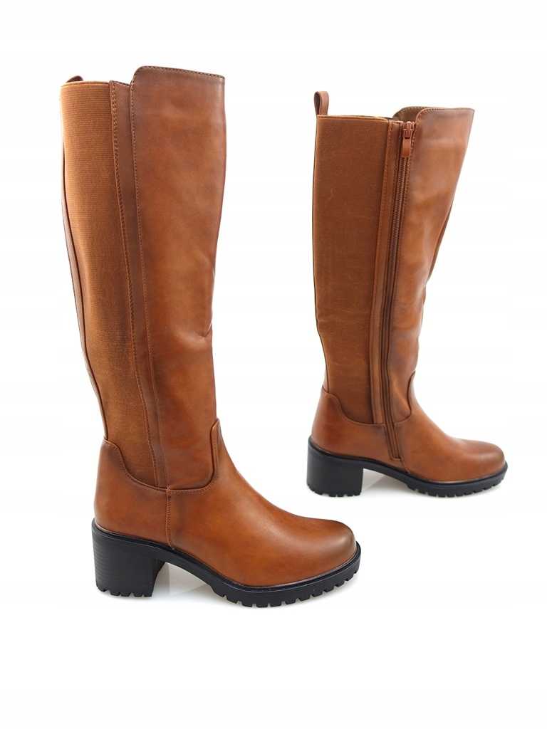 DAMSKIE KOZAKI BRĄZOWE CAMELOWE Z EKOSKÓRY NA OBCASIE PLATFORMA 39 Oryginalne opakowanie producenta pudełko