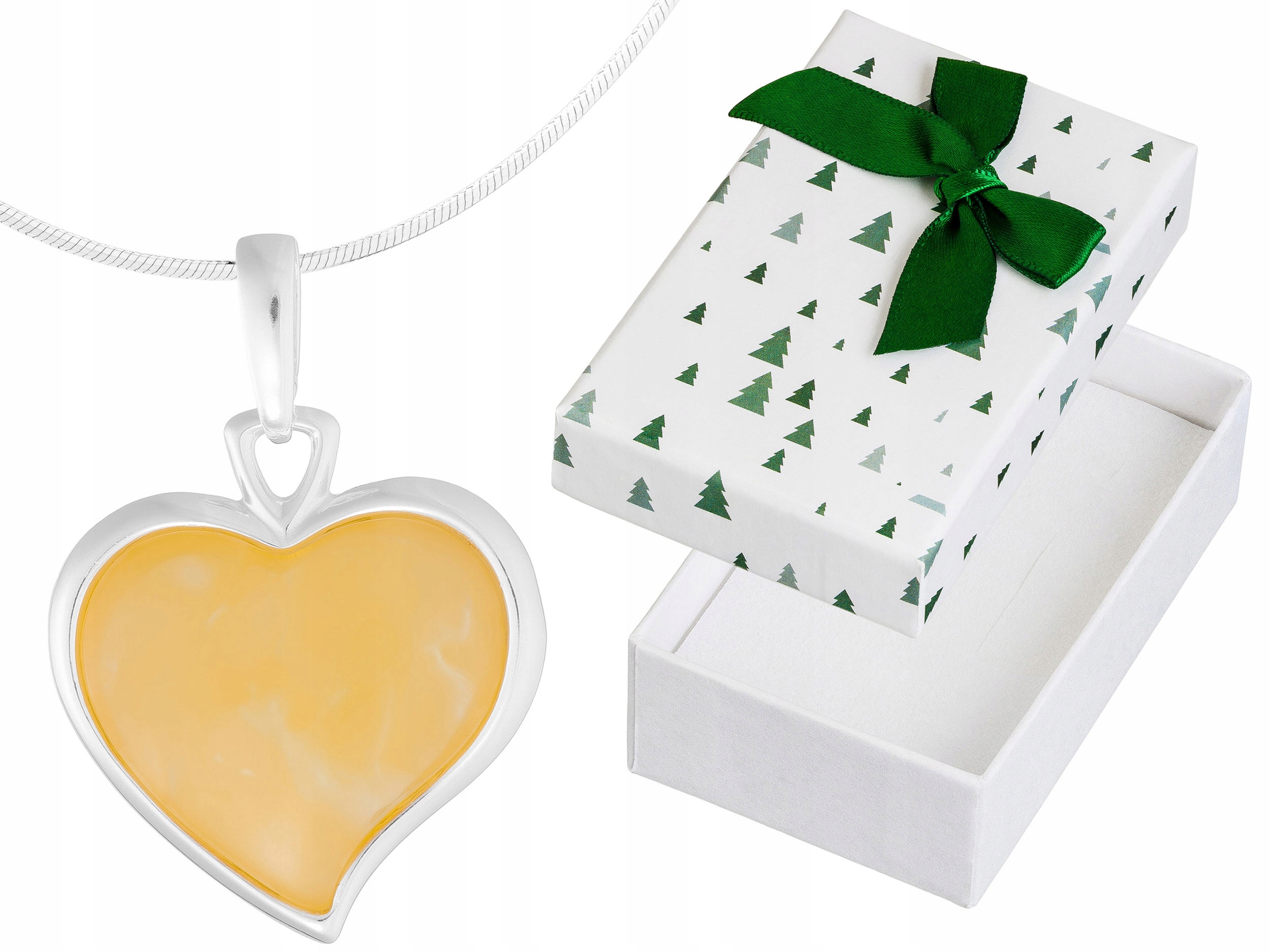 Dlouhý Stříbrný Dámský Náhrdelník Velké Srdce s Mléčným Jantarem Stříbro 60