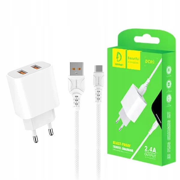 ŁADOWARKA DO TELEFONU KOSTKA SIECIOWA KABEL USB C BIAŁA DWA PORTY USB