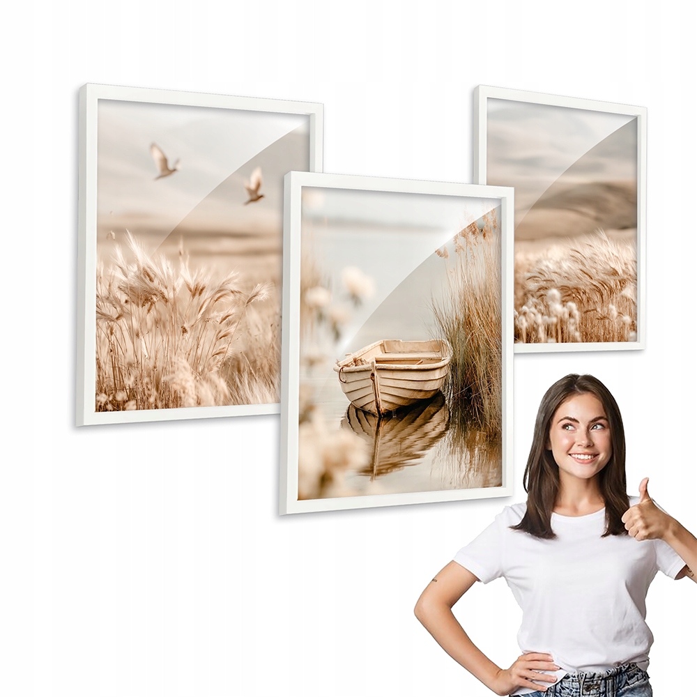 Sada 3 obrazů Boho Loďka Jezero Voda bílá rámeček 30x40 plexi triptych