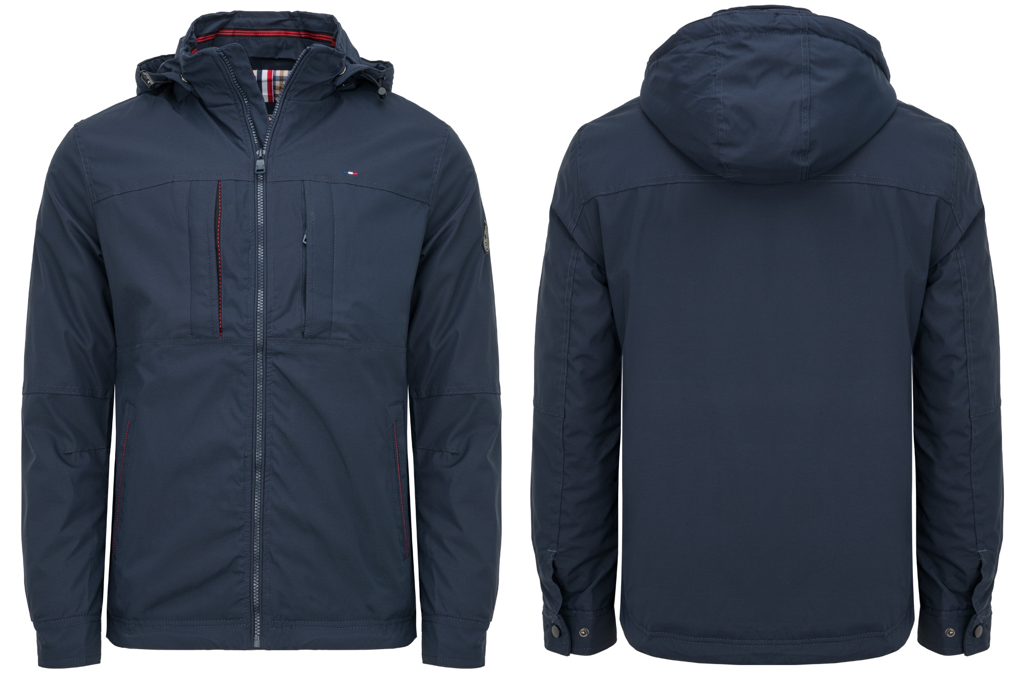 Pánská Modrá Přechodová Bunda Kapuce, Zateplené Kapsy, Větrovka: L