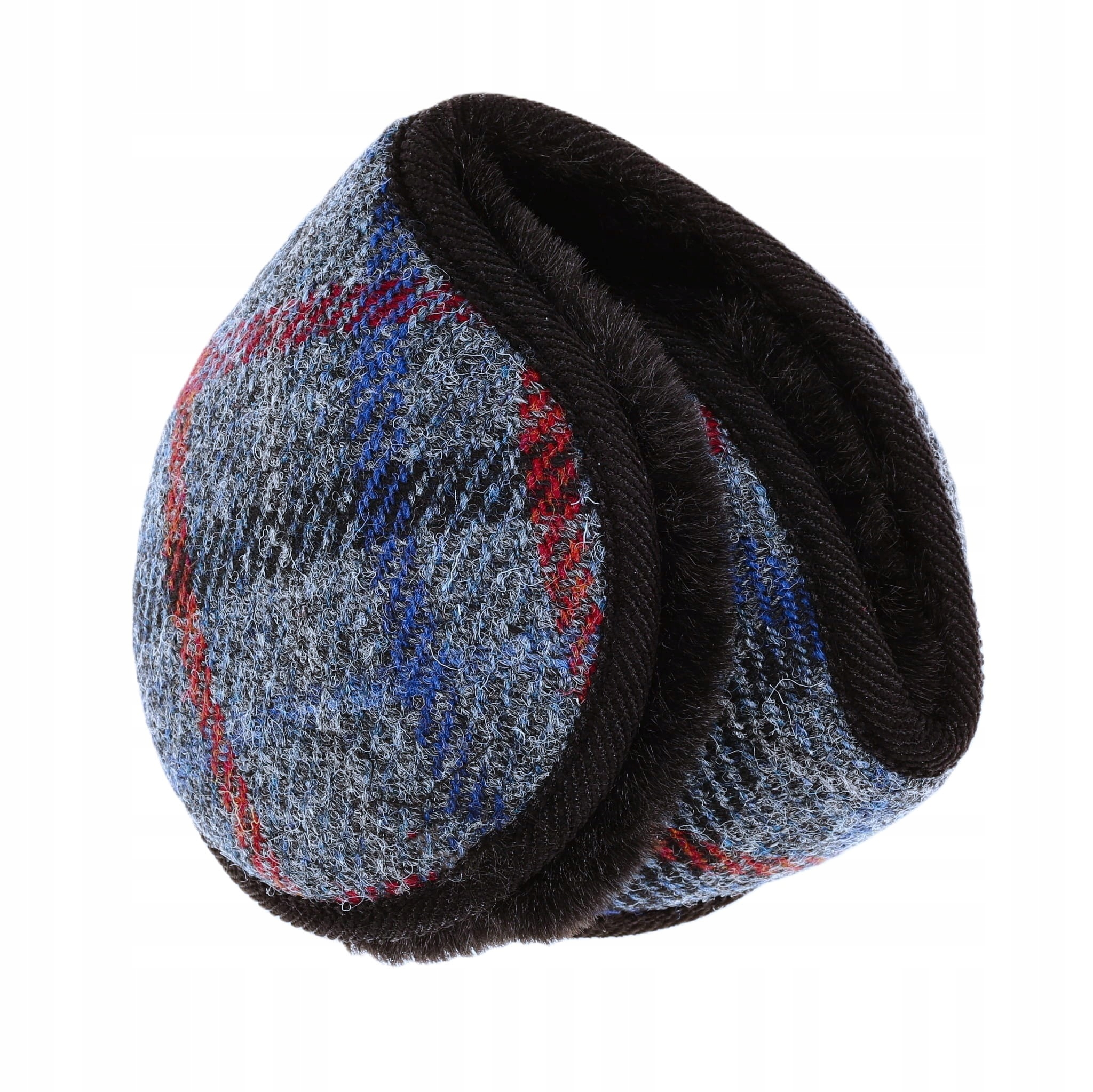 Ochrana Sluchu šedo-granátové kostkované náušníky z vlny Harris Tweed se zateplením