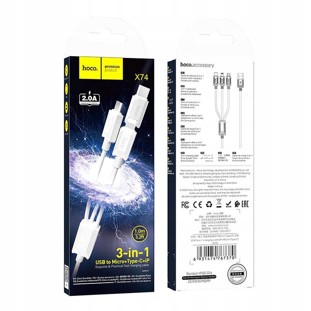 Hoco Kabel 3W1 Usb A Do Lightning Micro Usb Typ C 2A X74 1 M Biały
