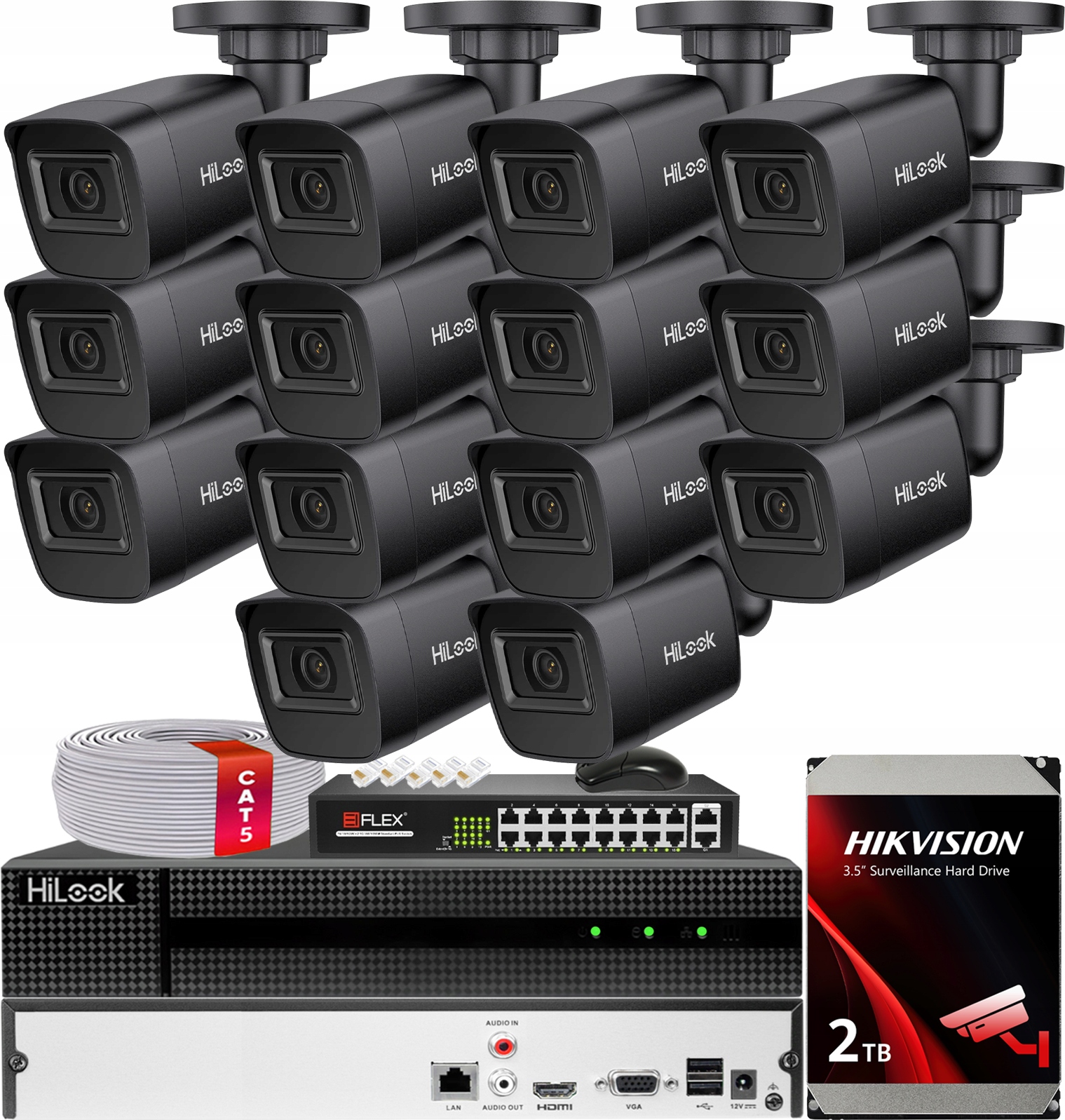 Sada pro monitorování 14x Kamera IPC-B141H-C Black 4Mpx HiLook od společnosti Hikvision