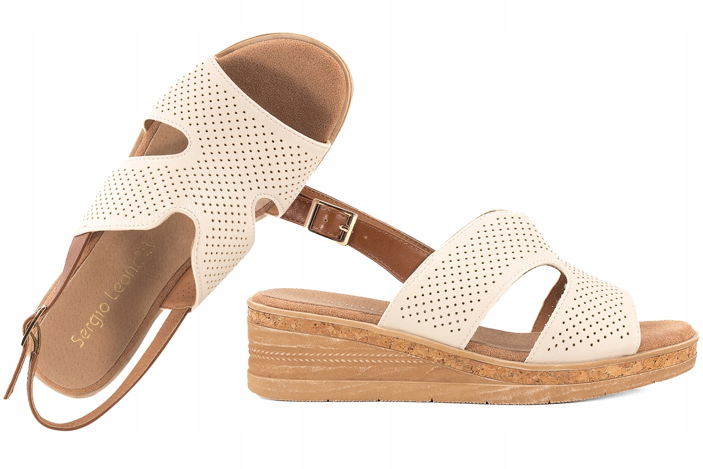 Sergio Leone SK195 Dámské Ažurové Sandály Na Klínku, béžové, 37, béžové