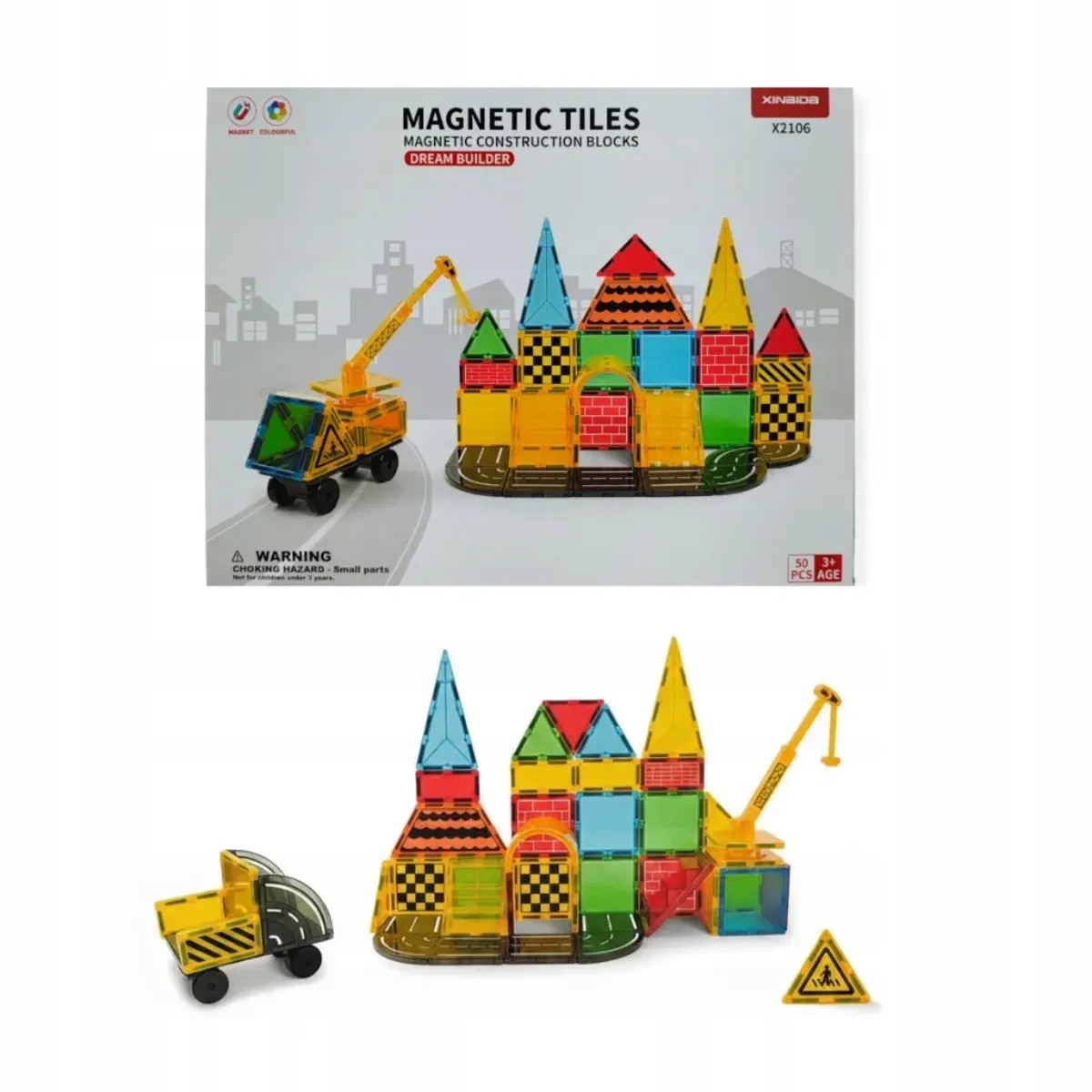 Klocki magnetyczne plac budowy 50 el. przezroczyste – Magnetic Tiles 3+