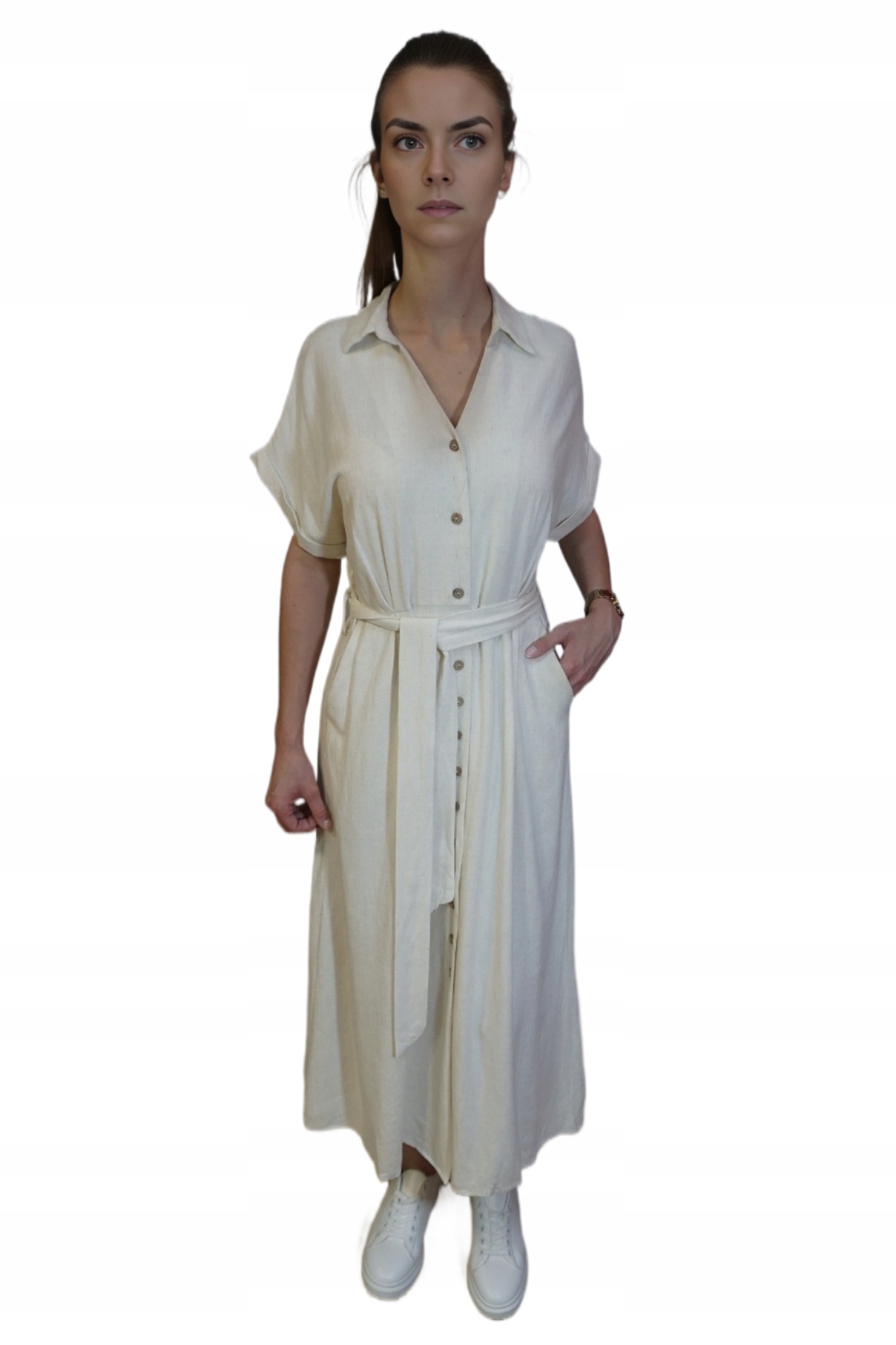 Dlouhé Šaty Maxi Lněné Béžové Rozepínací S Páskem Boho Styl