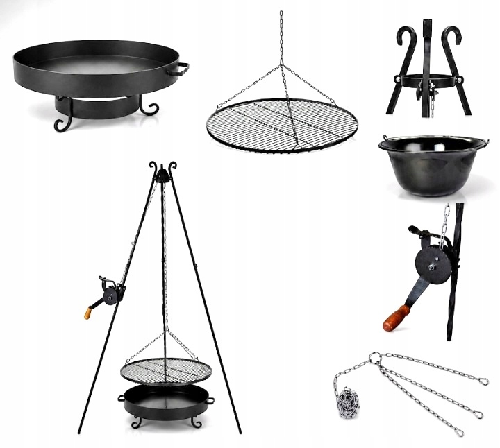 Grill ogrodowy Kuty trójnóg 190cm+KORBKA Ruszt 70cm+PALENISKO+KOCIOŁEK 14L