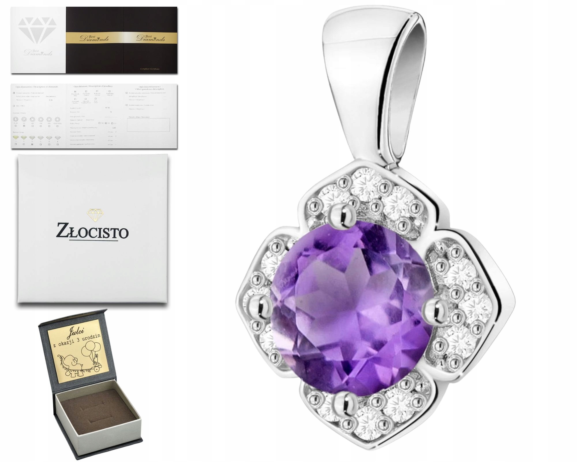 Bílý Zlatý Přívěsek Přívěsek S Moderním Ametystem A Brilianty 14K